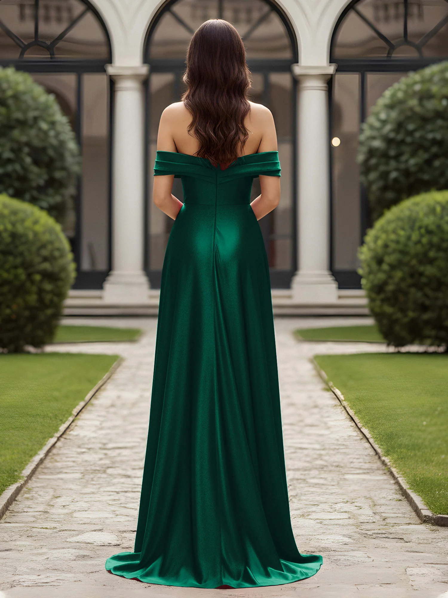 Off-The-Shoulder Pleated Dress With Slit Dark Green - Image 2