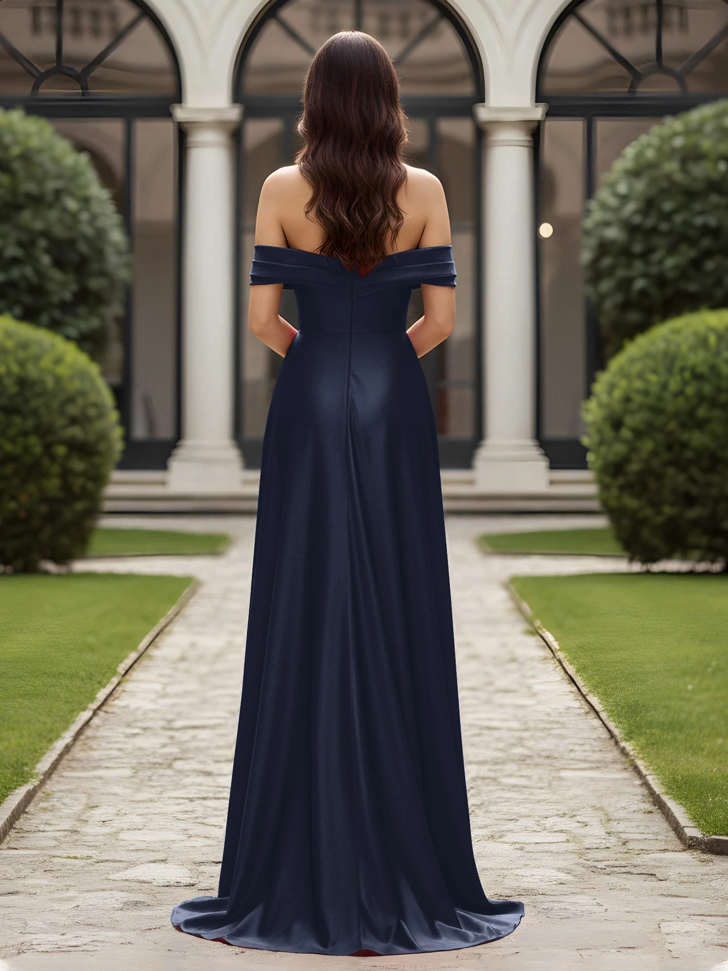 Off-The-Shoulder Pleated Dress With Slit Dark Navy - Image 2