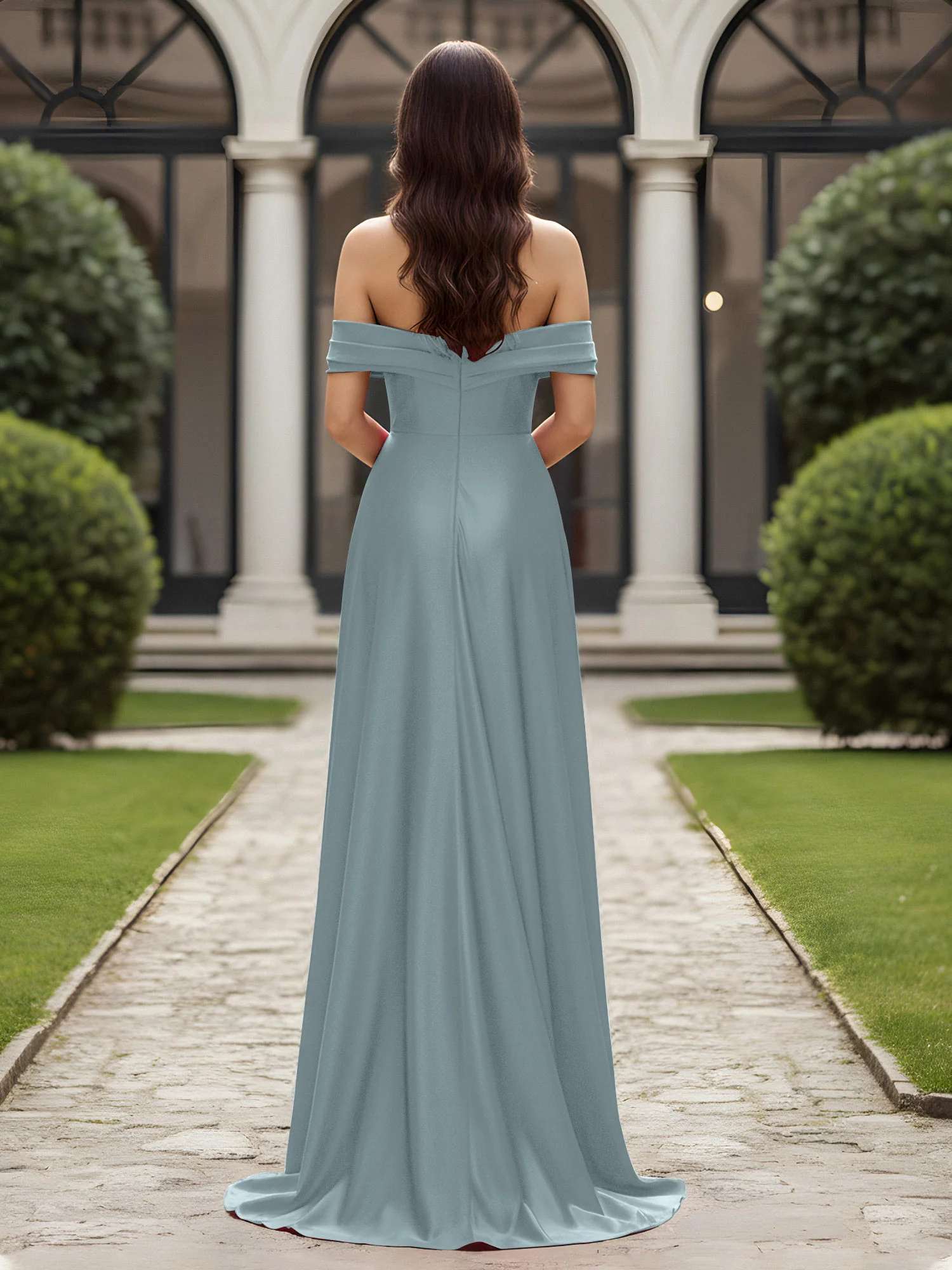 Off-The-Shoulder Pleated Dress With Slit Dusty Blue - Image 2