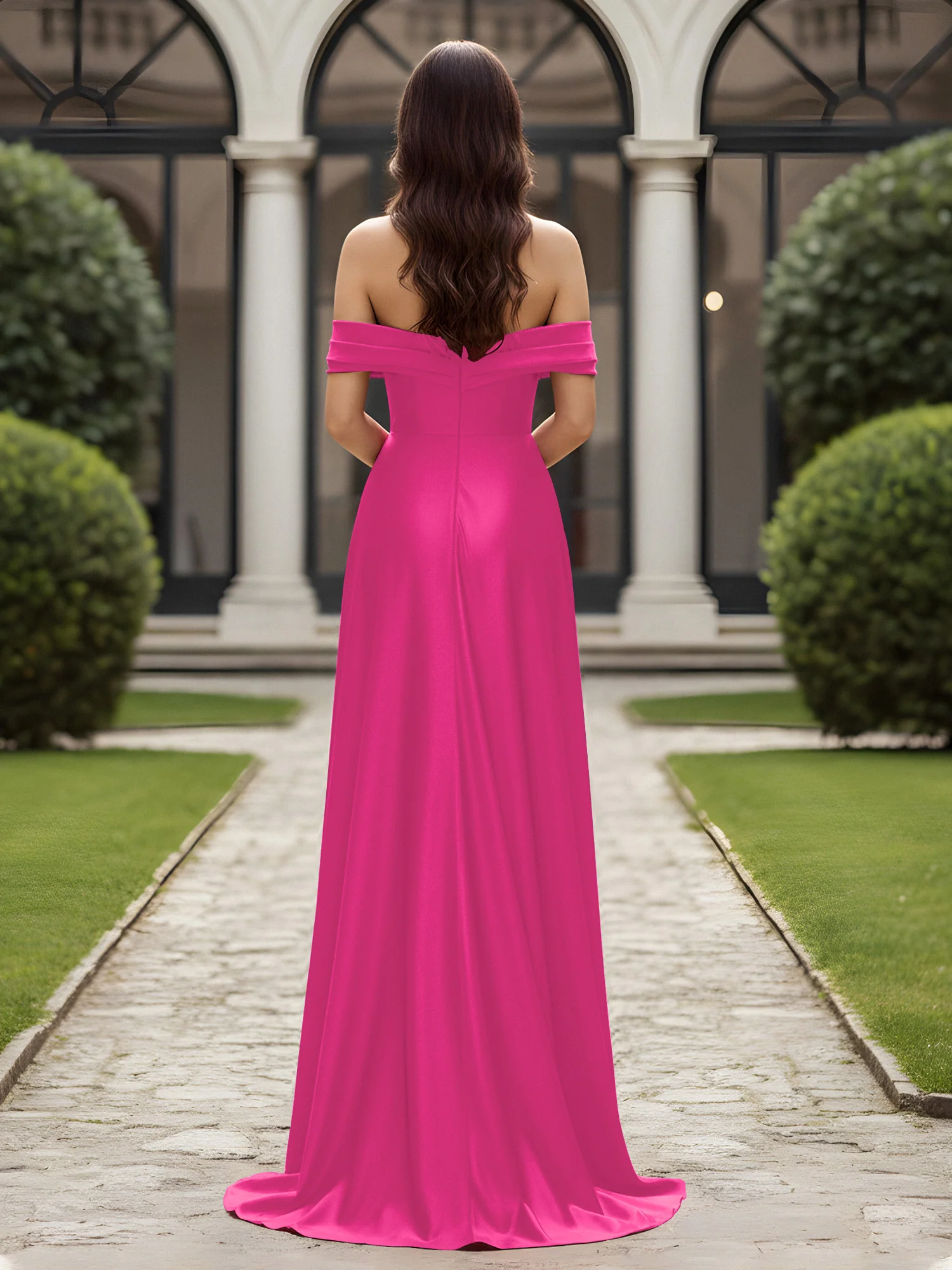 Off-The-Shoulder Pleated Dress With Slit Fuchsia - Image 2