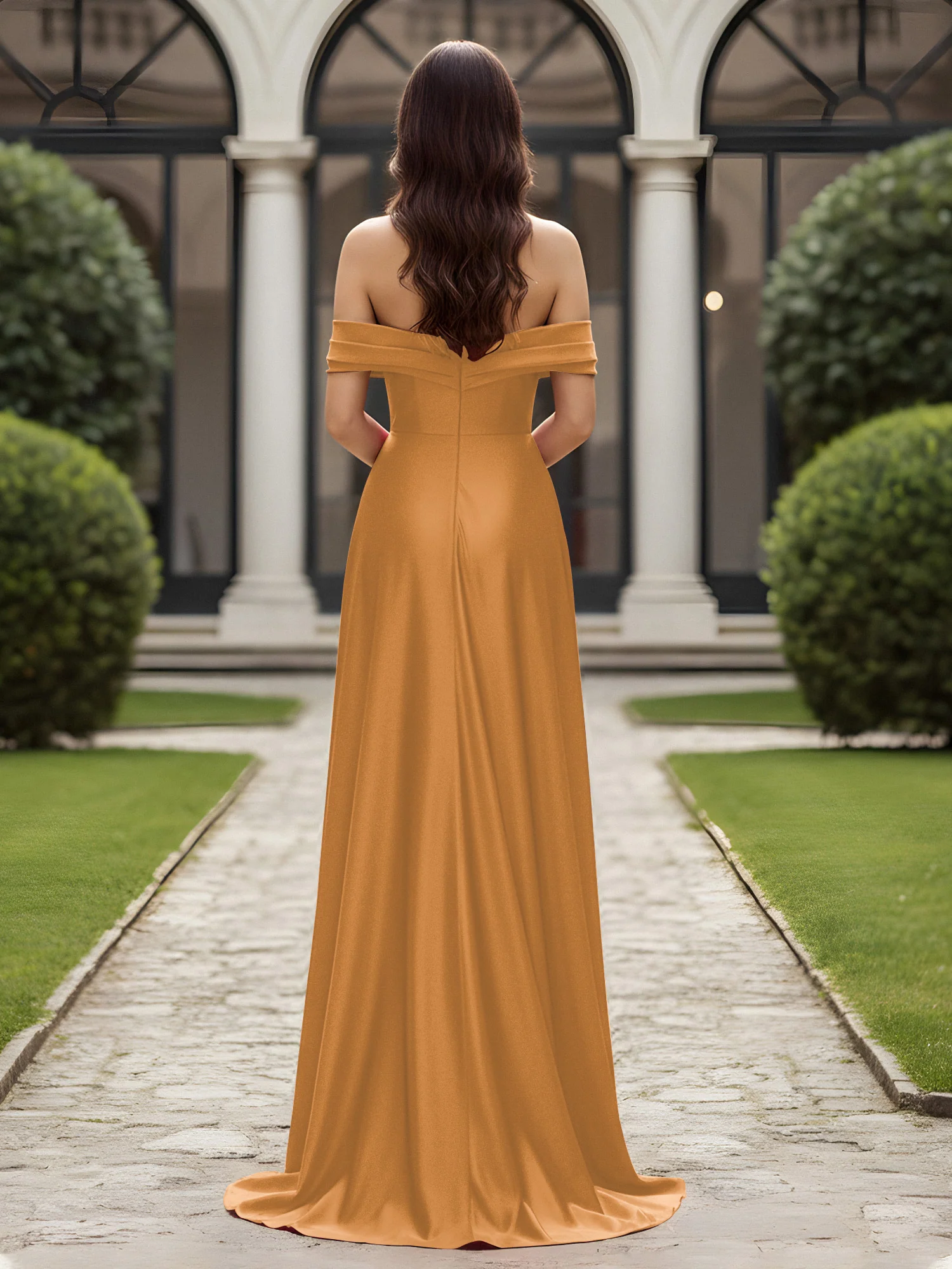 Off-The-Shoulder Pleated Dress With Slit Gold - Image 2