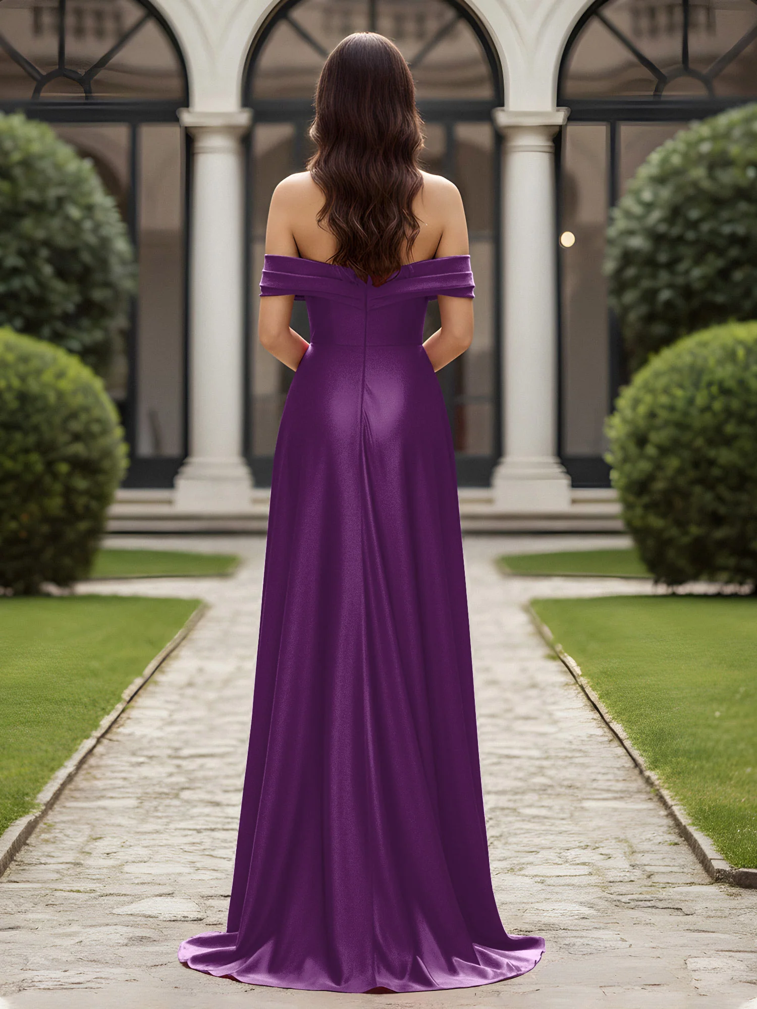 Off-The-Shoulder Pleated Dress With Slit Grape - Image 2