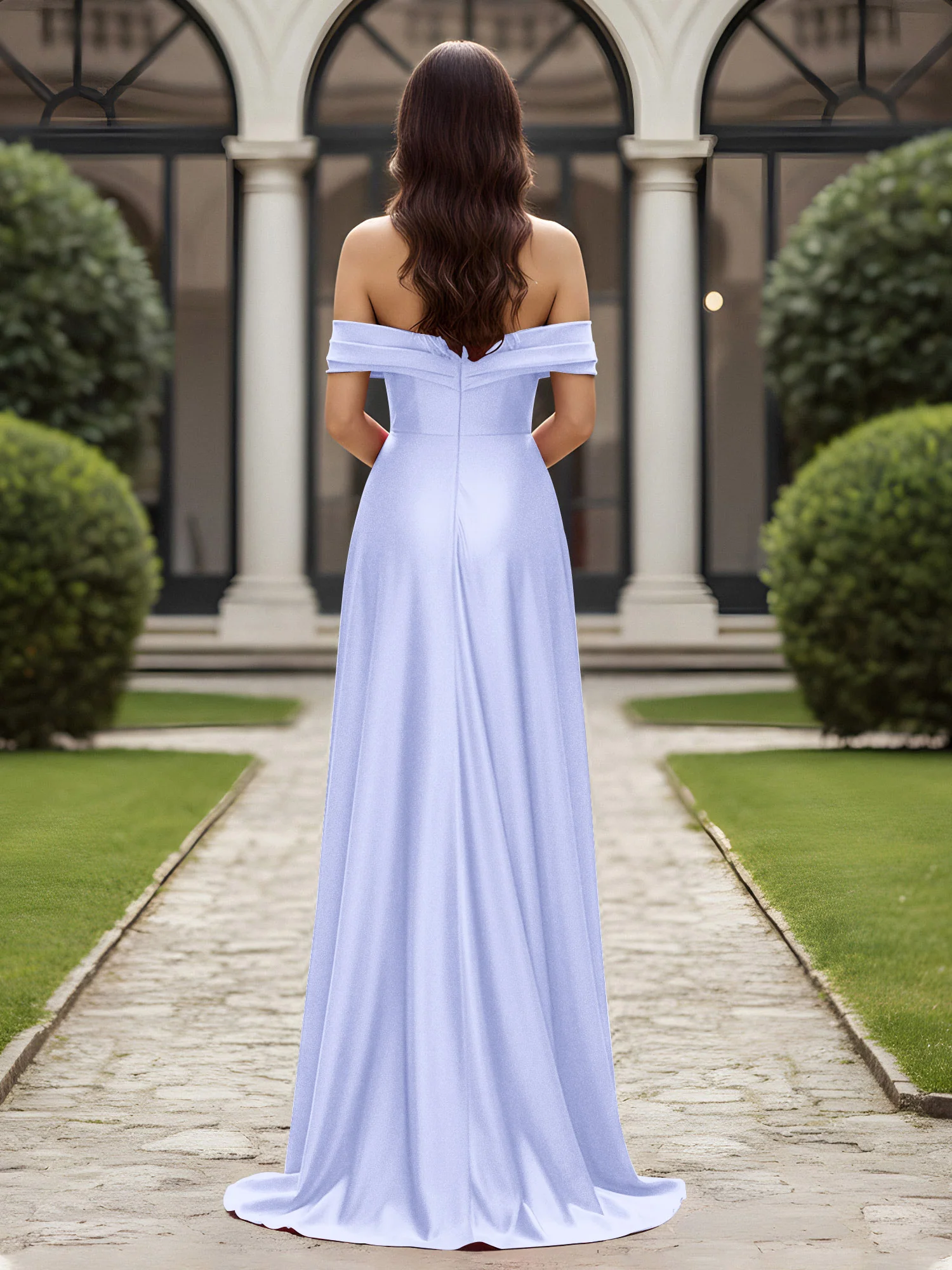 Off-The-Shoulder Pleated Dress With Slit Lavender - Image 2