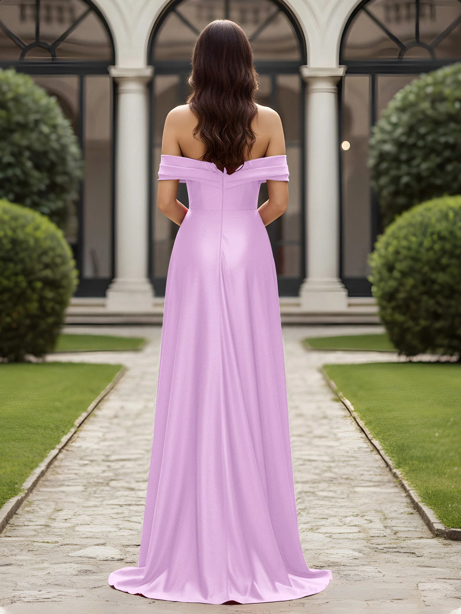 Off-The-Shoulder Pleated Dress With Slit Lilac - Image 2