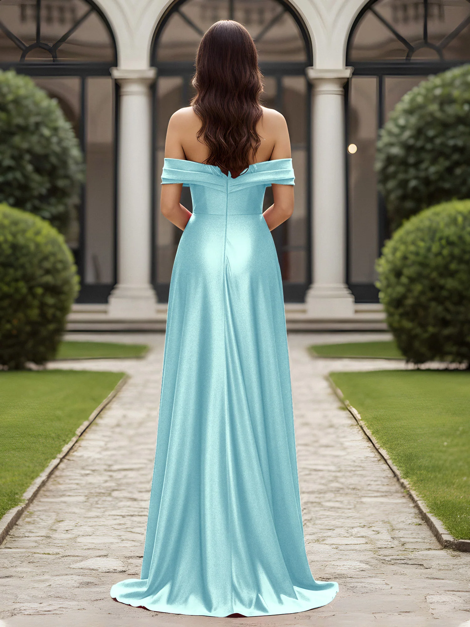 Off-The-Shoulder Pleated Dress With Slit Mist - Image 2
