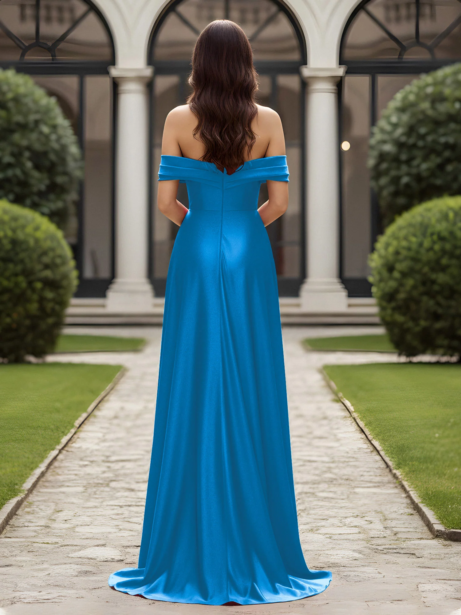 Off-The-Shoulder Pleated Dress With Slit Ocean Blue - Image 2