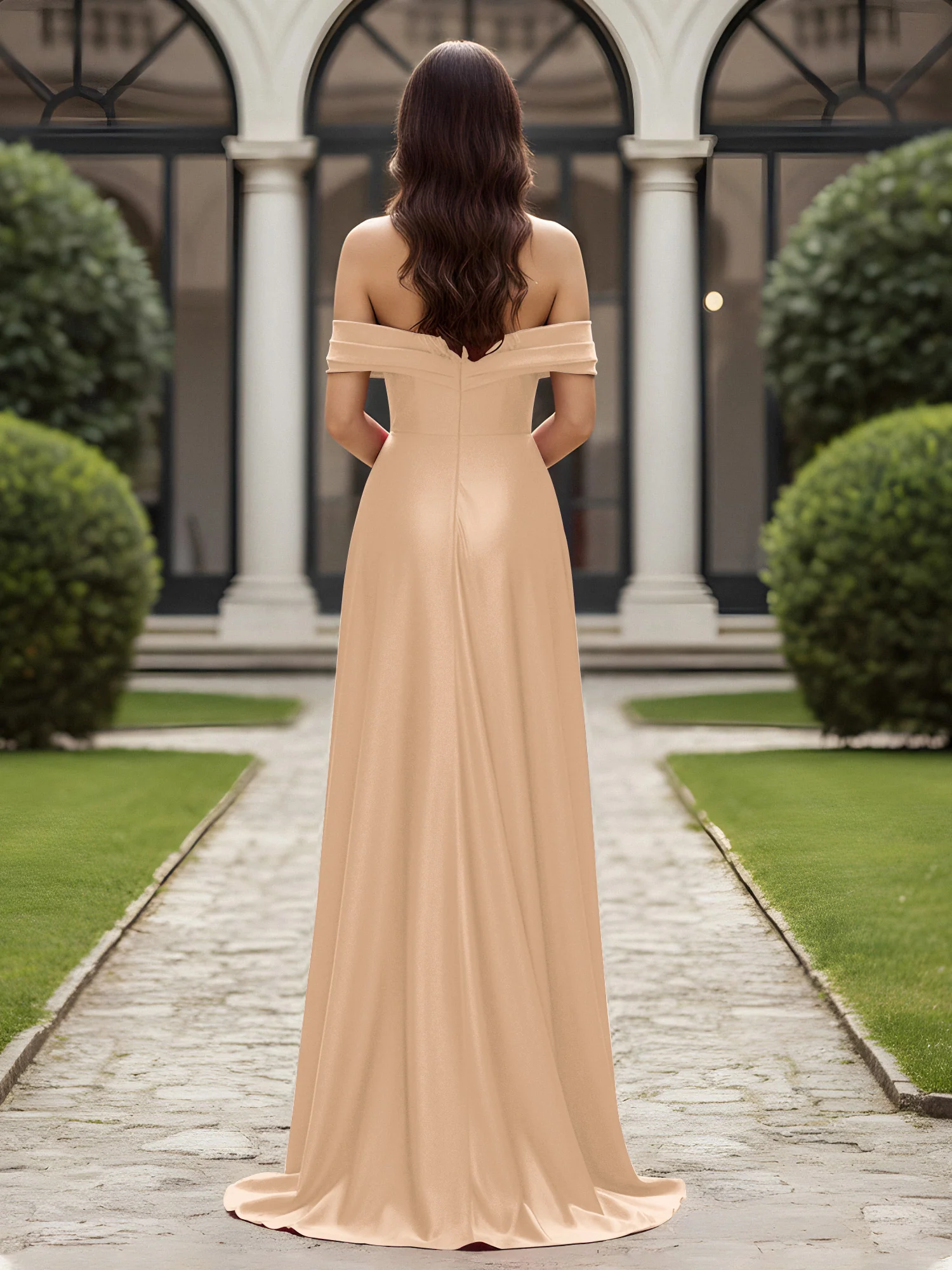 Off-The-Shoulder Pleated Dress With Slit Peach - Image 2