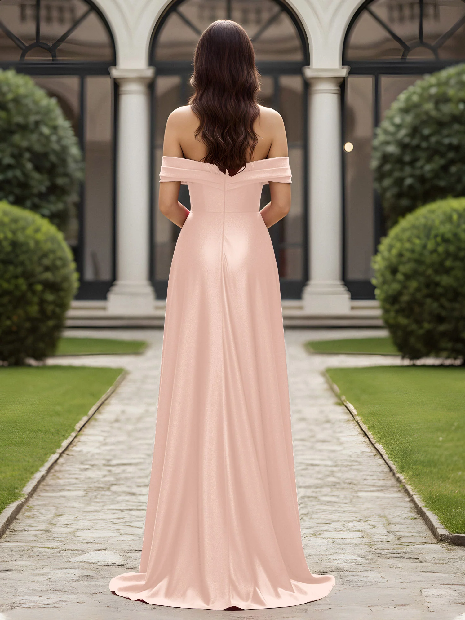 Off-The-Shoulder Pleated Dress With Slit Pearl Pink - Image 2