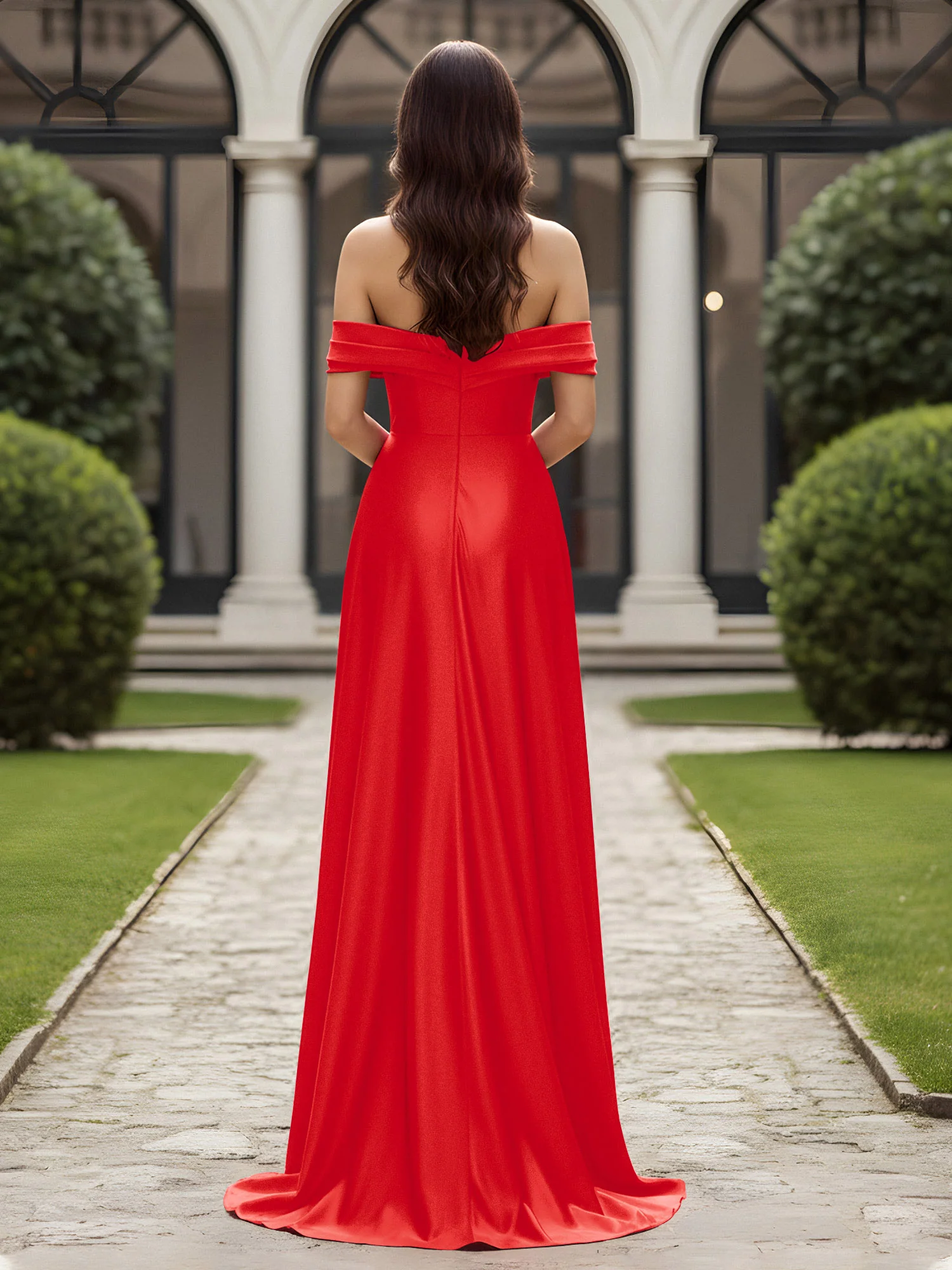 Off-The-Shoulder Pleated Dress With Slit Red - Image 2