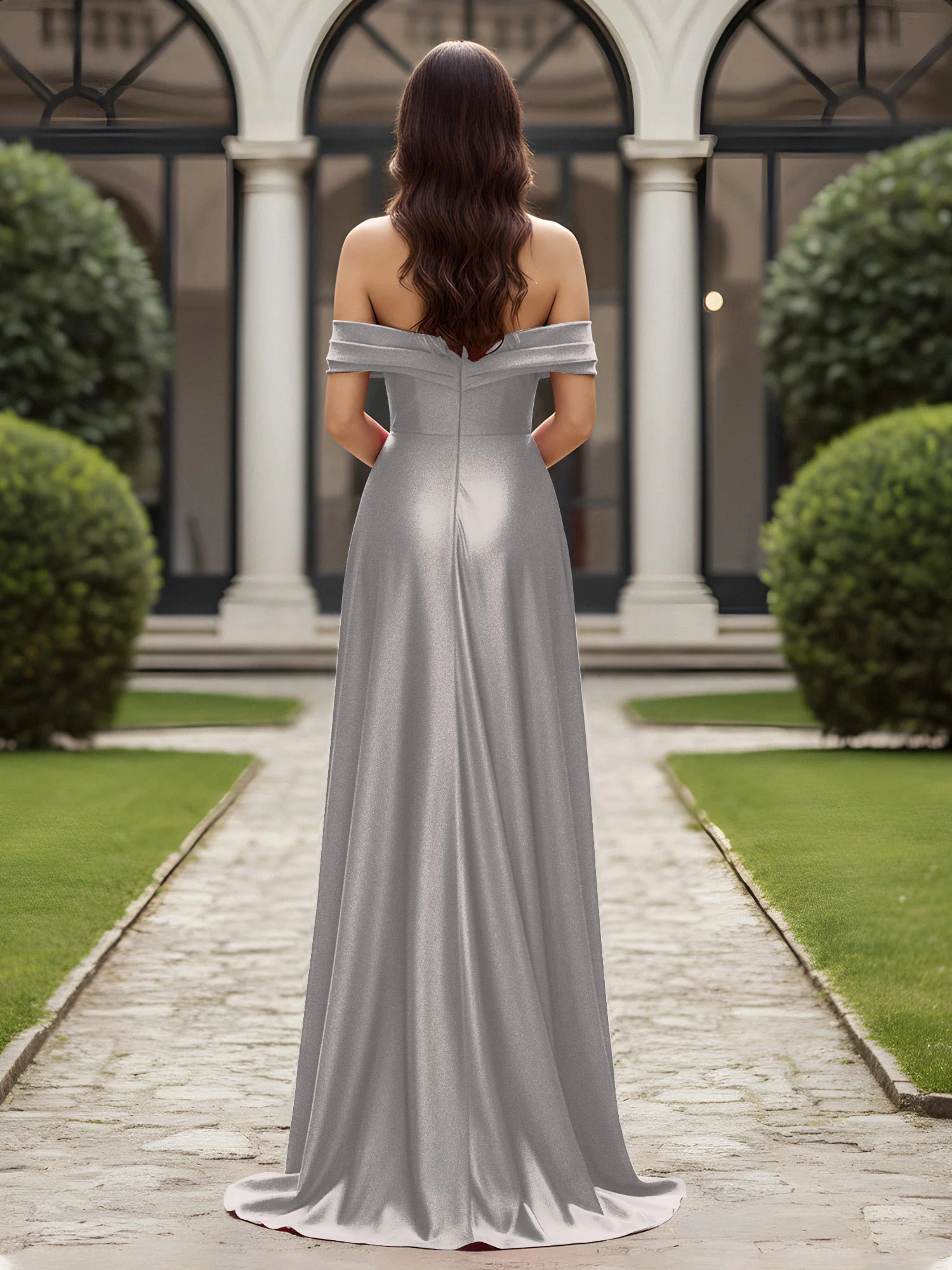 Off-The-Shoulder Pleated Dress With Slit Silver - Image 2