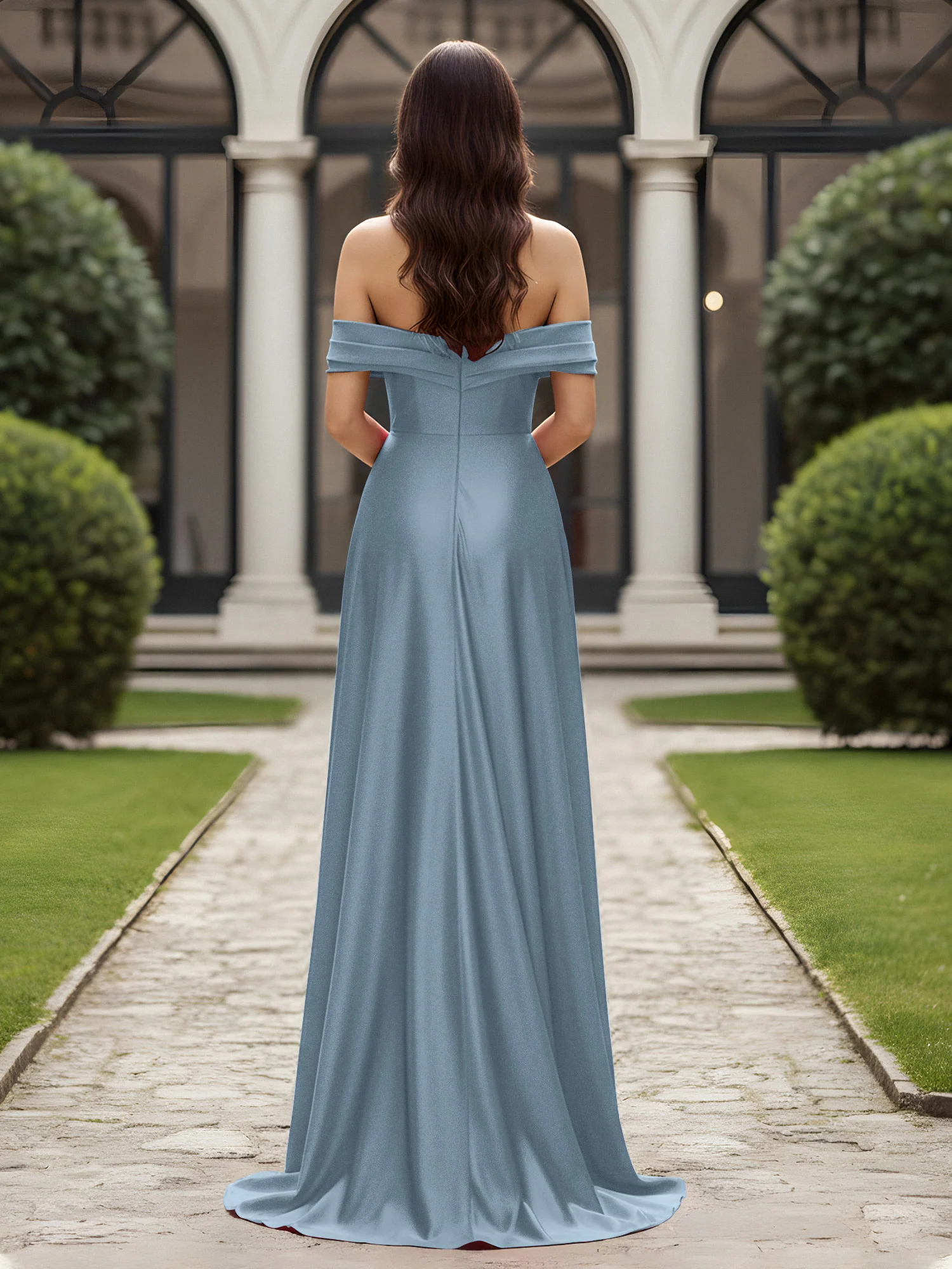 Off-The-Shoulder Pleated Dress With Slit Slate Blue - Image 2