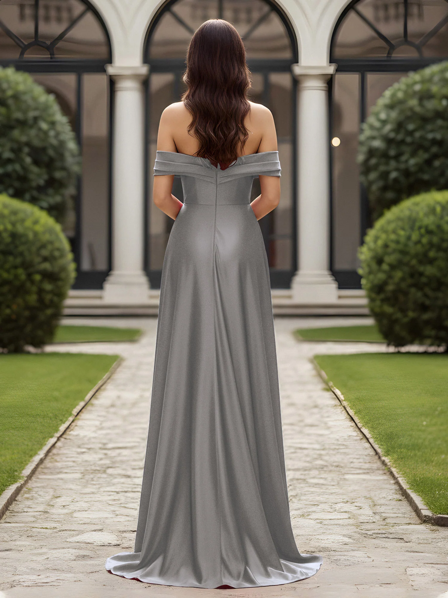 Off-The-Shoulder Pleated Dress With Slit Steel Grey - Image 2