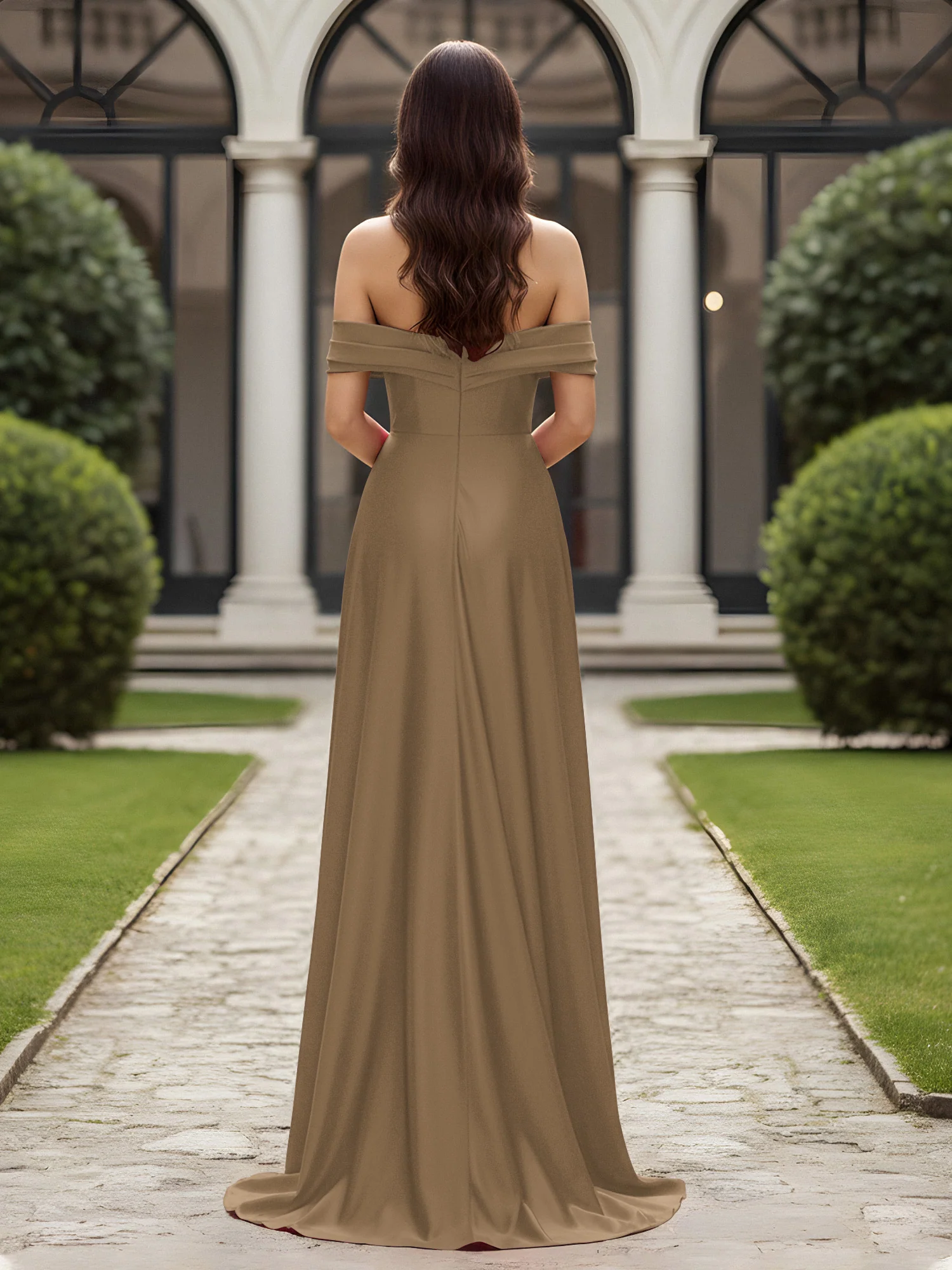 Off-The-Shoulder Pleated Dress With Slit Taupe - Image 2