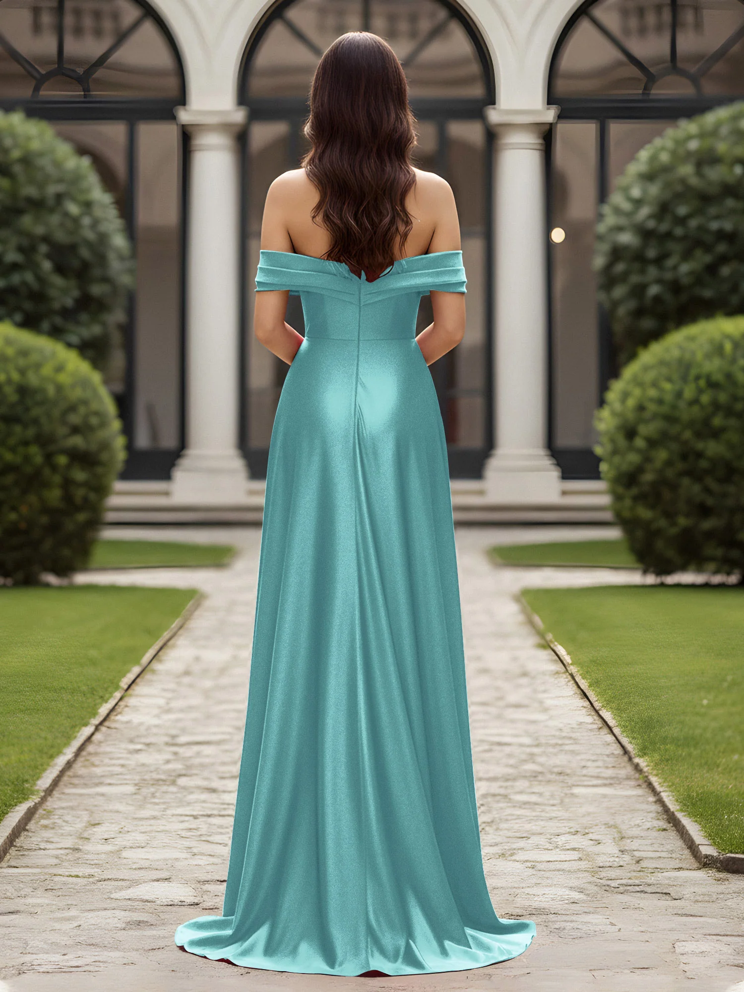 Off-The-Shoulder Pleated Dress With Slit Teal - Image 2