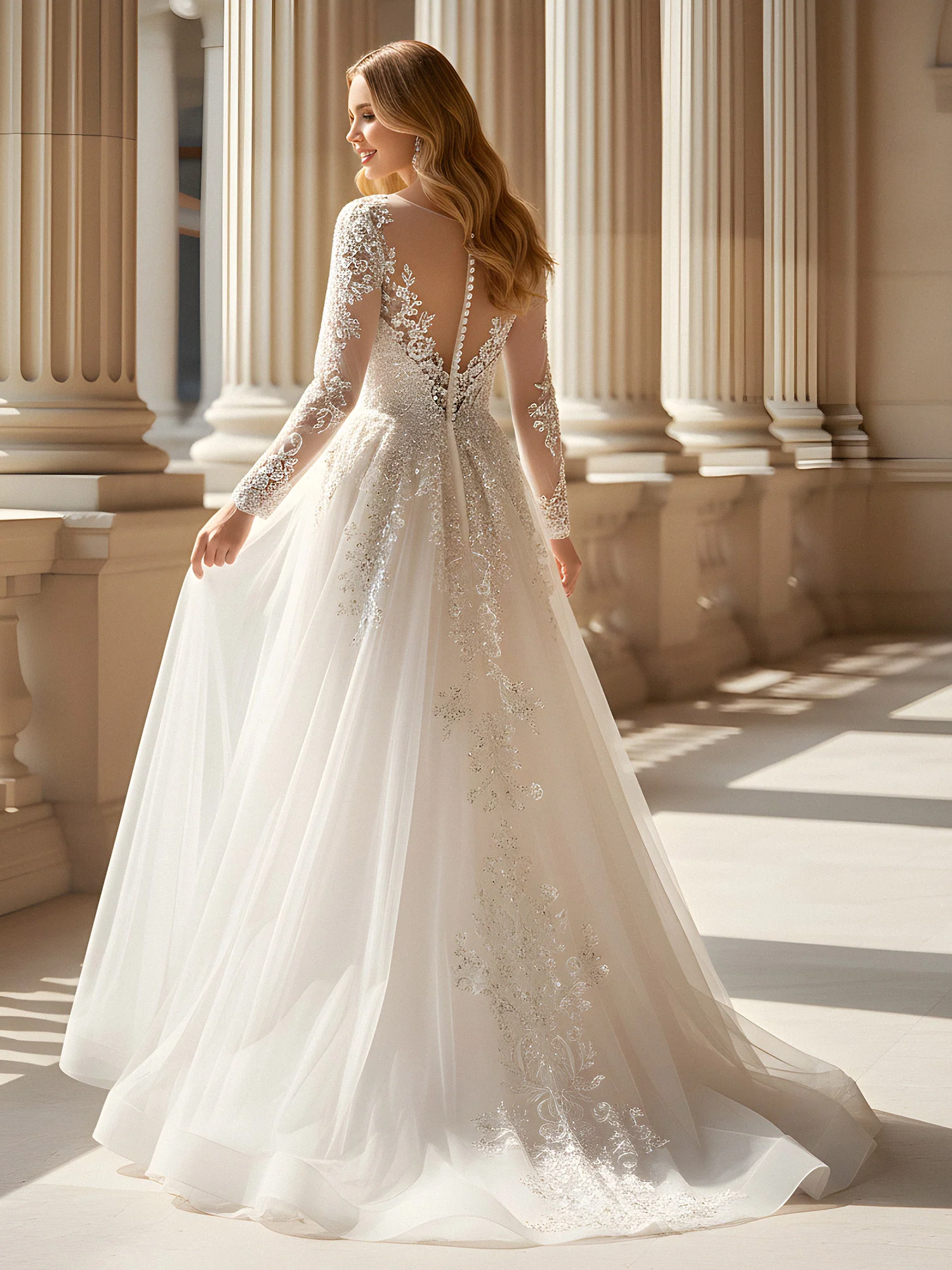 Long Sleeve A-Line Tulle Bateau Neck Prom Dress Champagne - Image 2