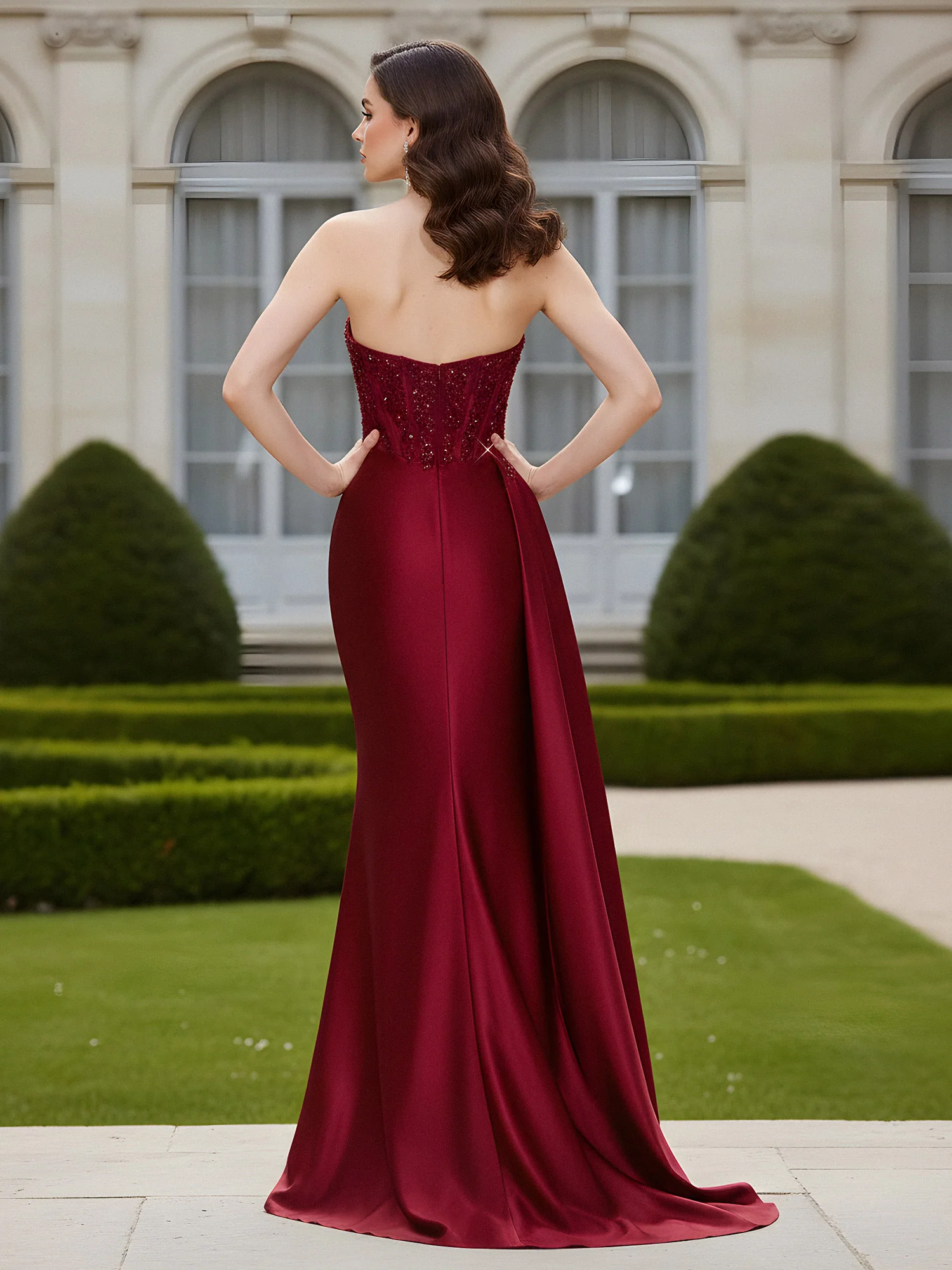 Sheath Sweetheart Backless Dress With Slit Burgundy - Image 2