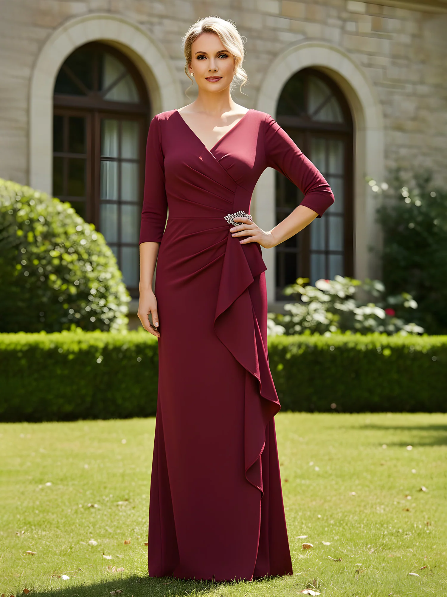 Sheath V-neck 3/4 Sleeves Ruffle Long Dress Burgundy