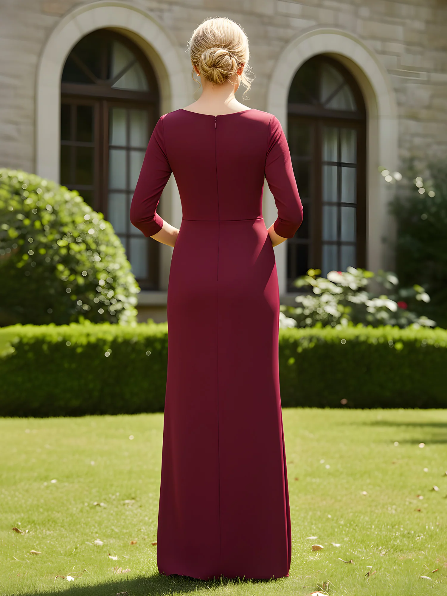 Sheath V-neck 3/4 Sleeves Ruffle Long Dress Burgundy - Image 2