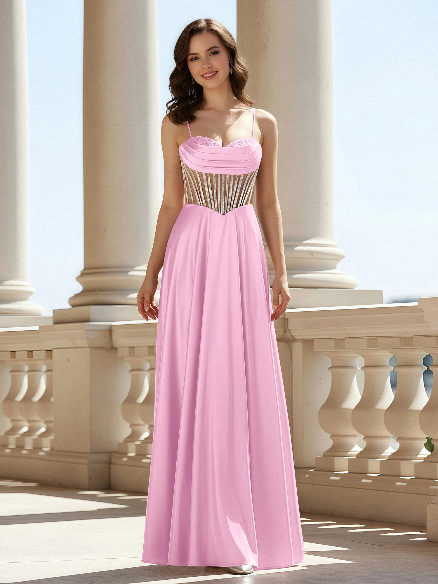 A-Line Sweetheart Floor Length Lace-Up Prom Dress Candy Pink