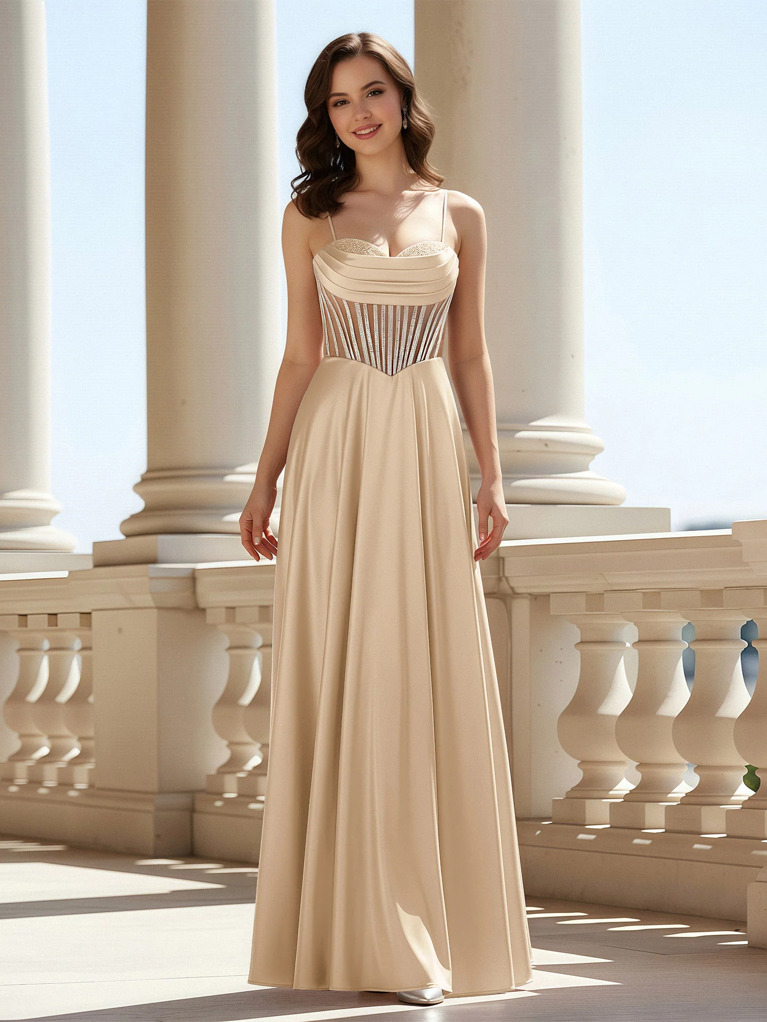 A-Line Sweetheart Floor Length Lace-Up Prom Dress Champagne