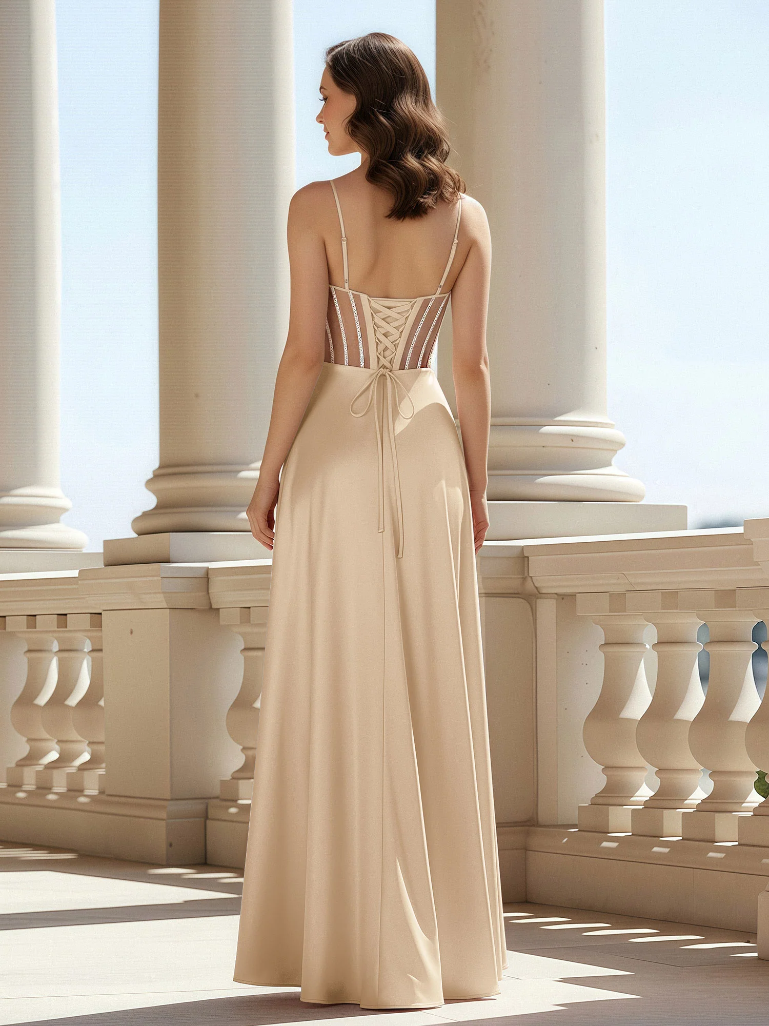 A-Line Sweetheart Floor Length Lace-Up Prom Dress Champagne - Image 2