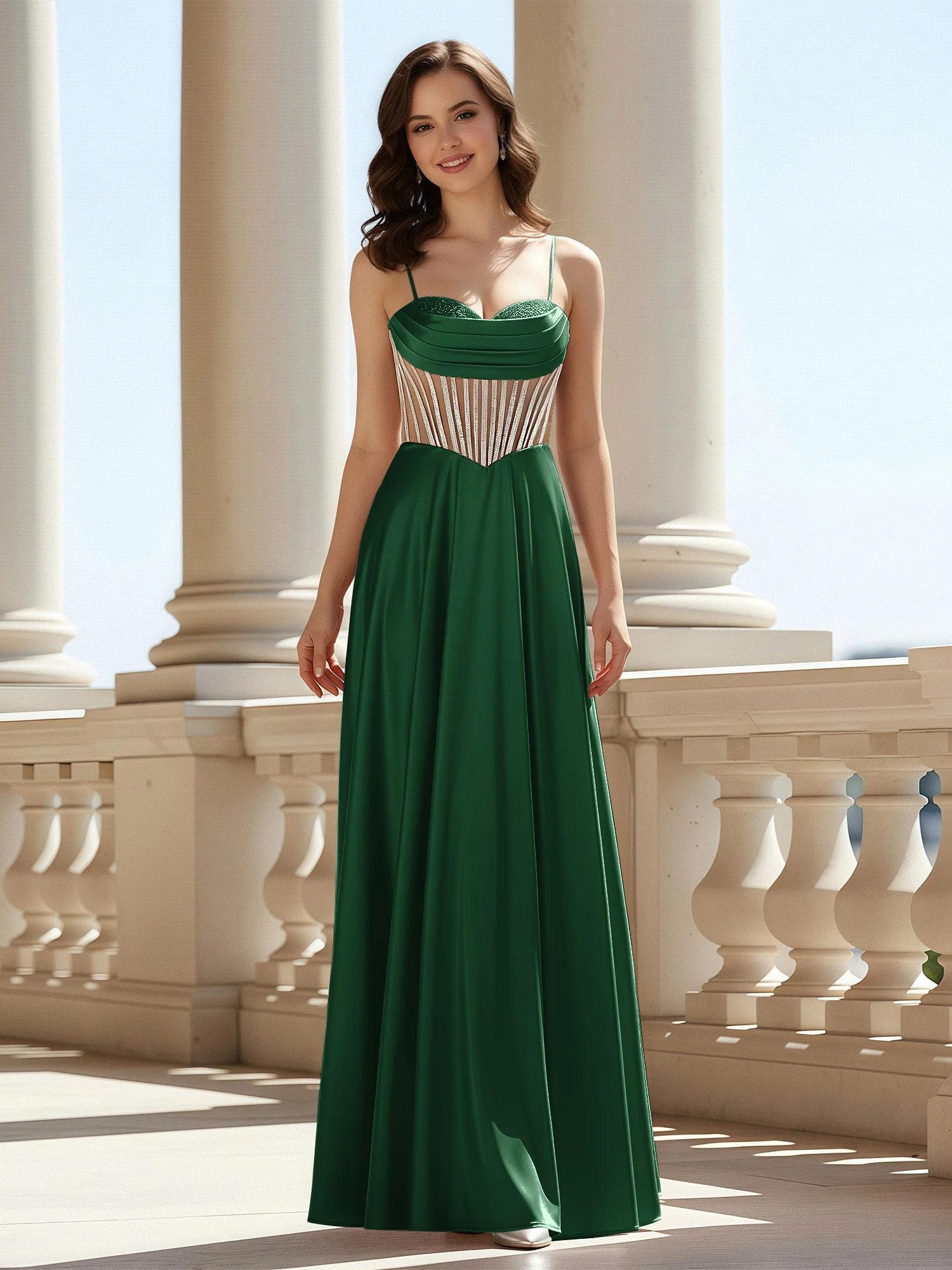 A-Line Sweetheart Floor Length Lace-Up Prom Dress Dark Green