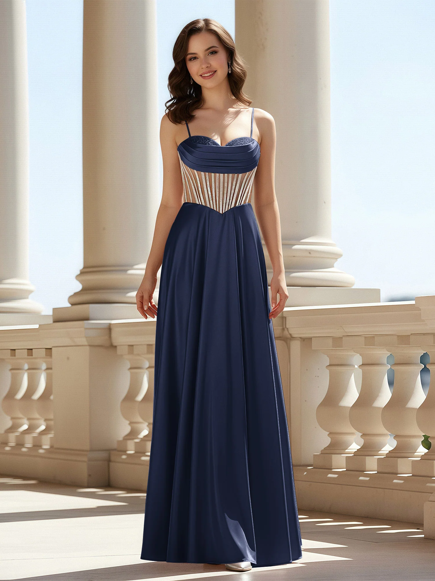 A-Line Sweetheart Floor Length Lace-Up Prom Dress Dark Navy