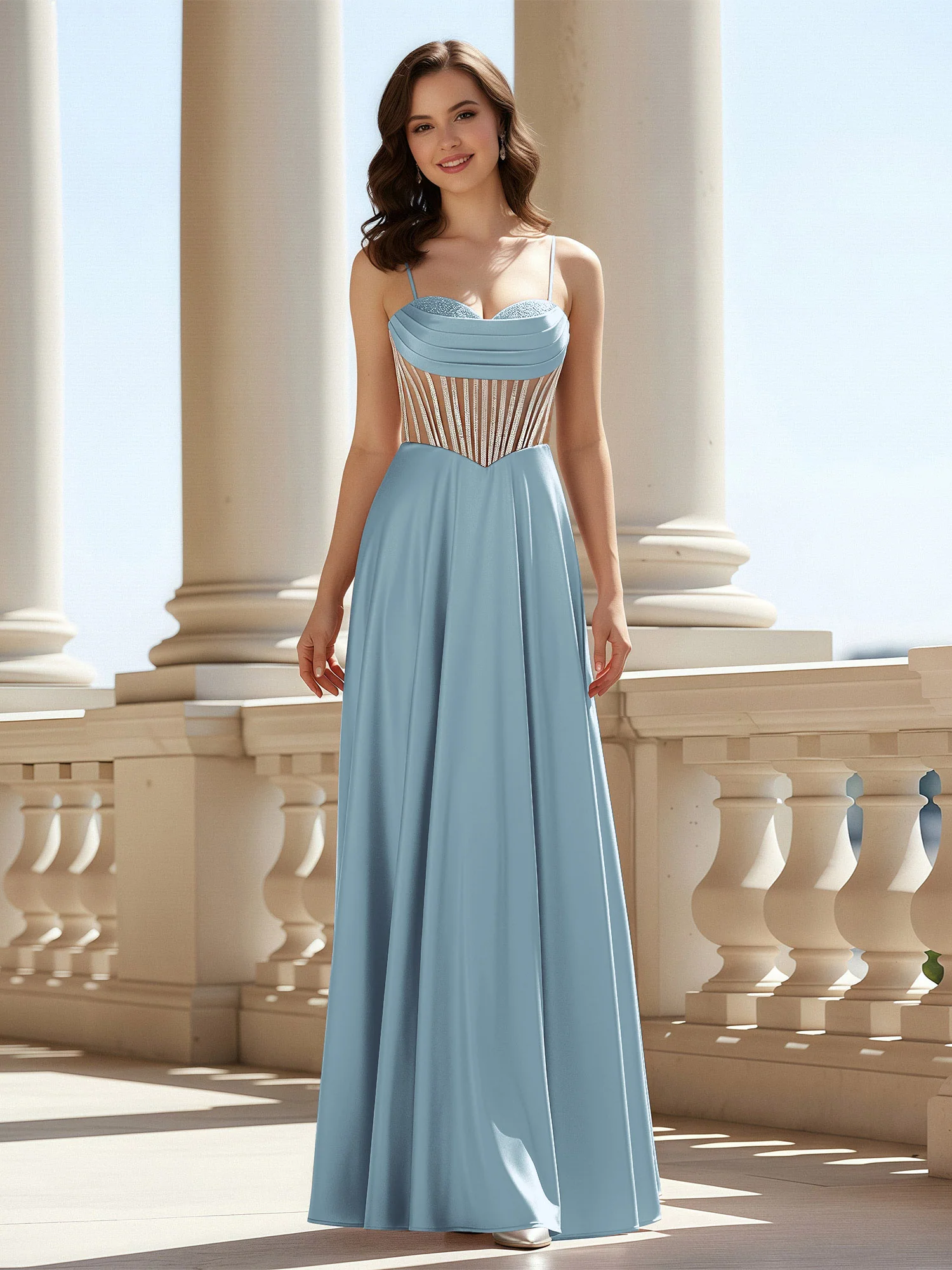 A-Line Sweetheart Floor Length Lace-Up Prom Dress Dusty Blue