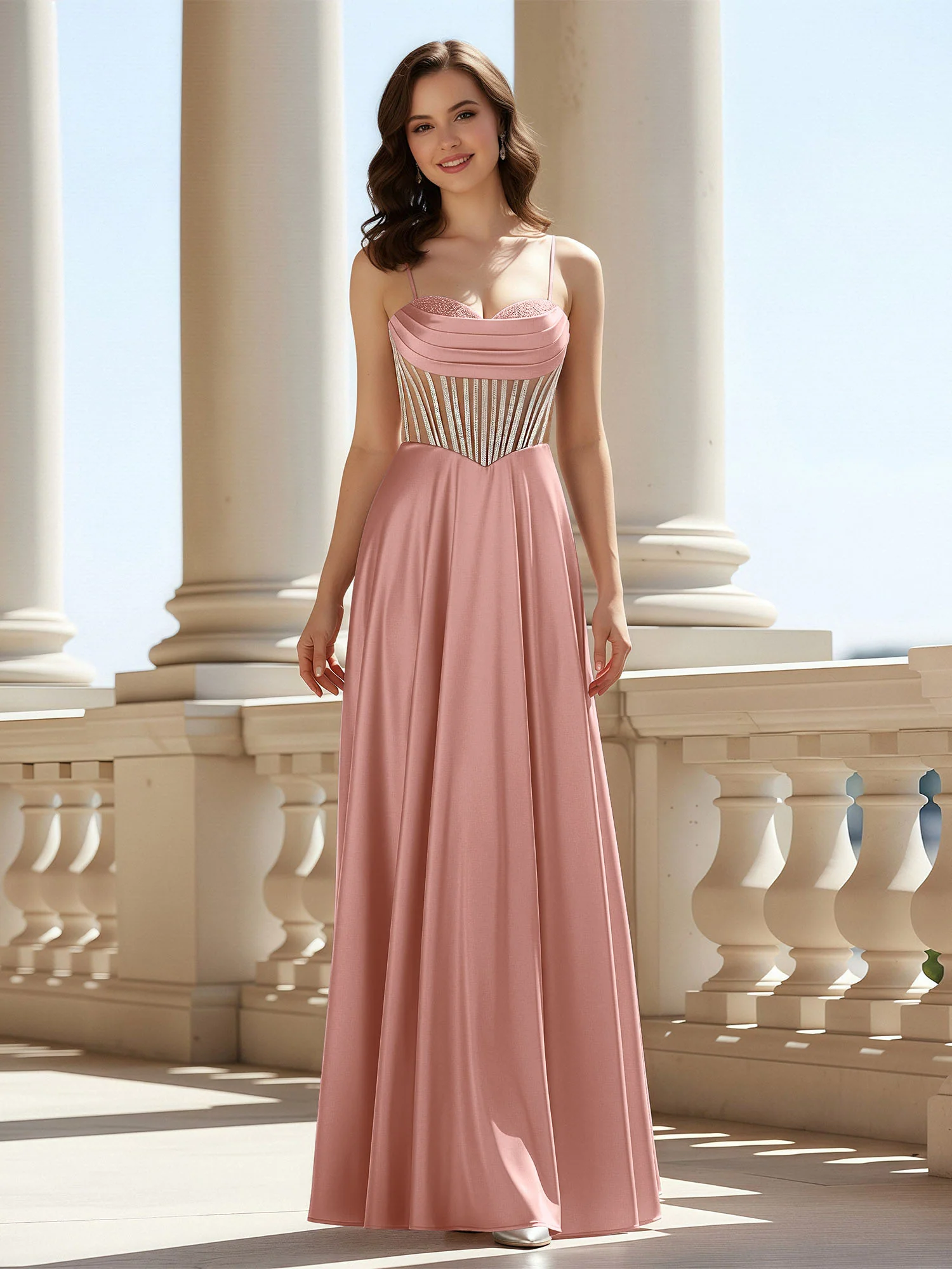 A-Line Sweetheart Floor Length Lace-Up Prom Dress Dusty Rose