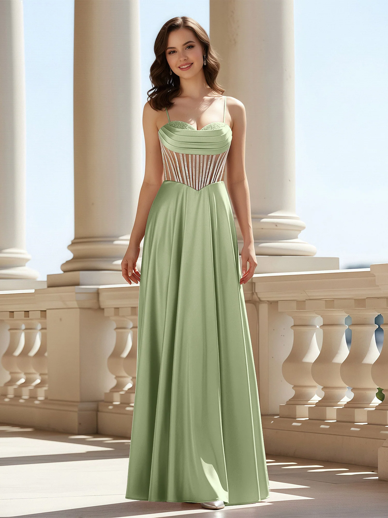 A-Line Sweetheart Floor Length Lace-Up Prom Dress Dusty Sage