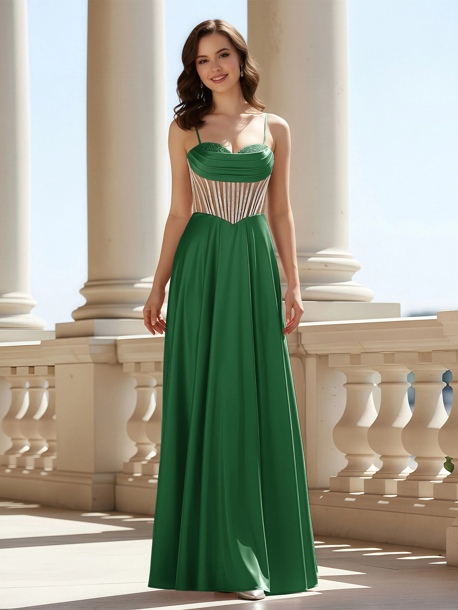 A-Line Sweetheart Floor Length Lace-Up Prom Dress Emerald