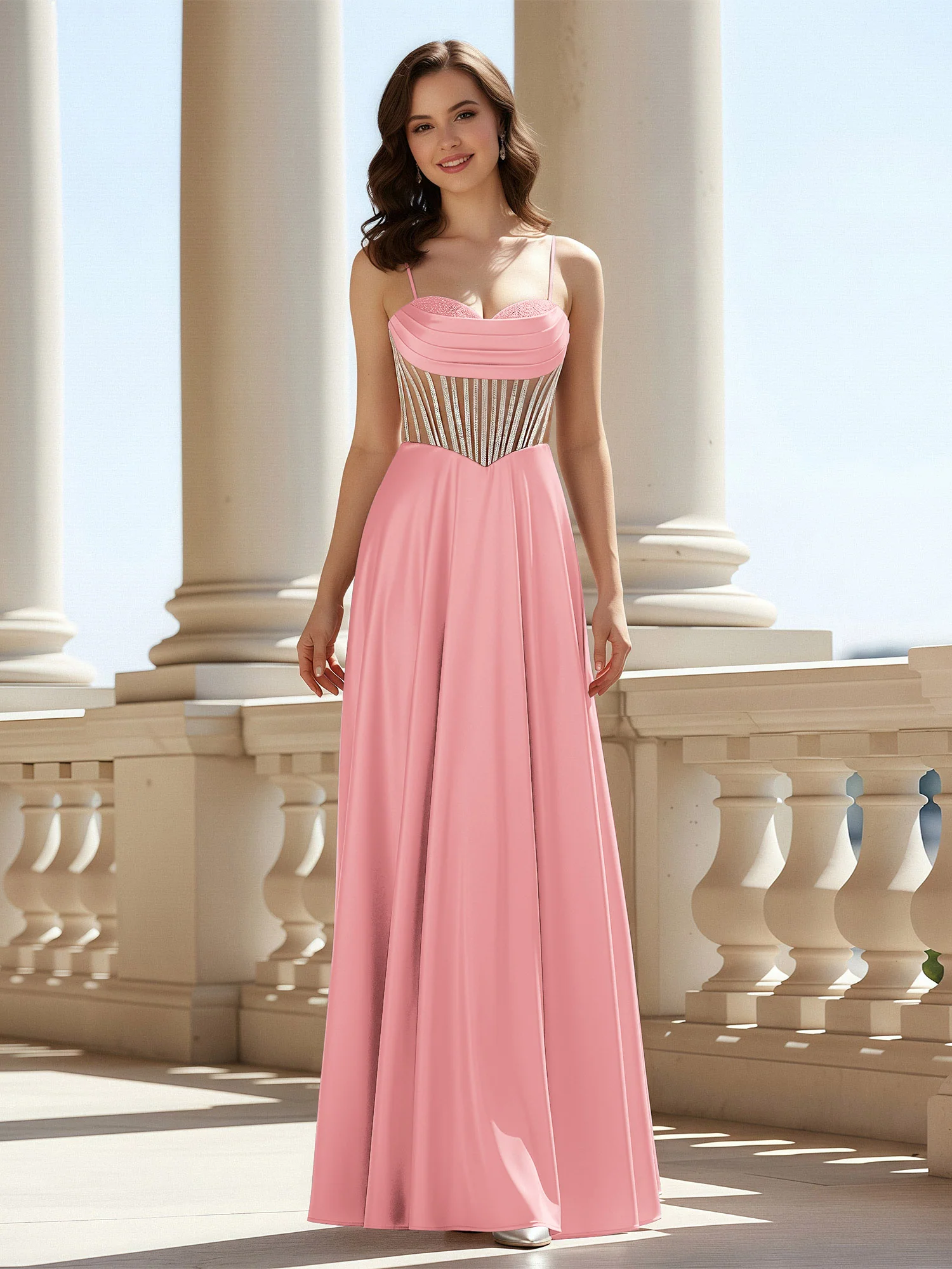 A-Line Sweetheart Floor Length Lace-Up Prom Dress Flamingo