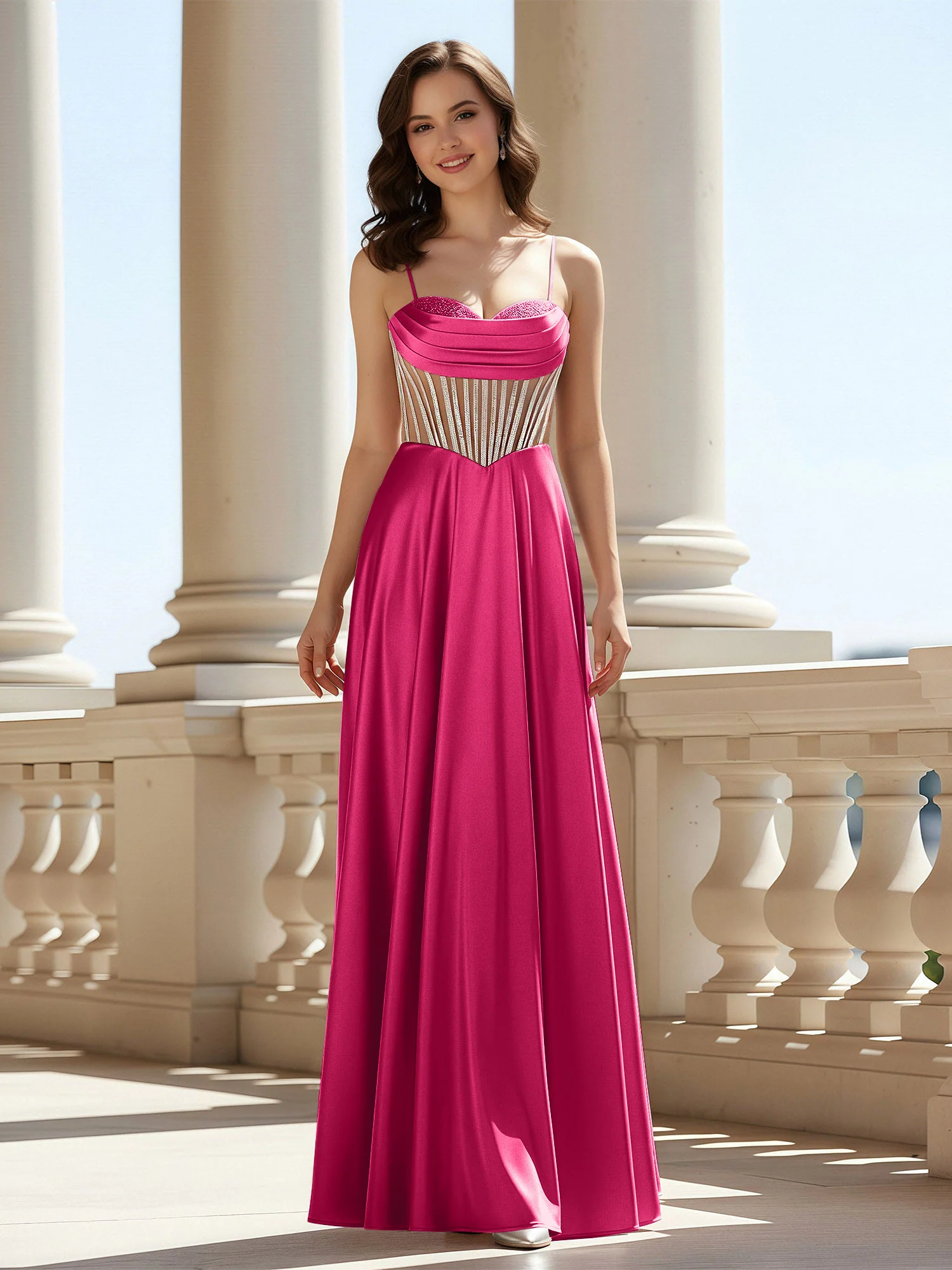 A-Line Sweetheart Floor Length Lace-Up Prom Dress Fuchsia