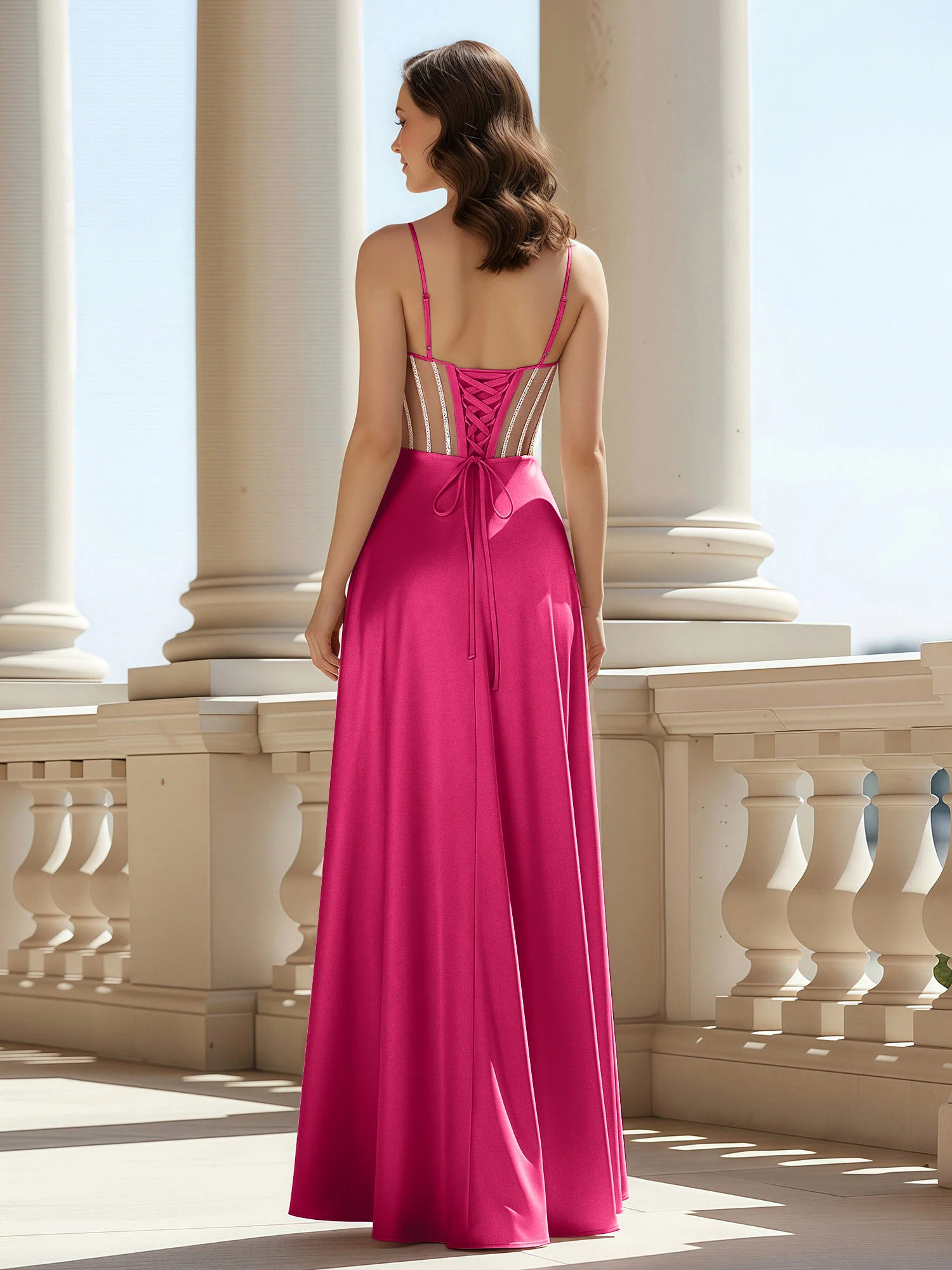 A-Line Sweetheart Floor Length Lace-Up Prom Dress Fuchsia - Image 2