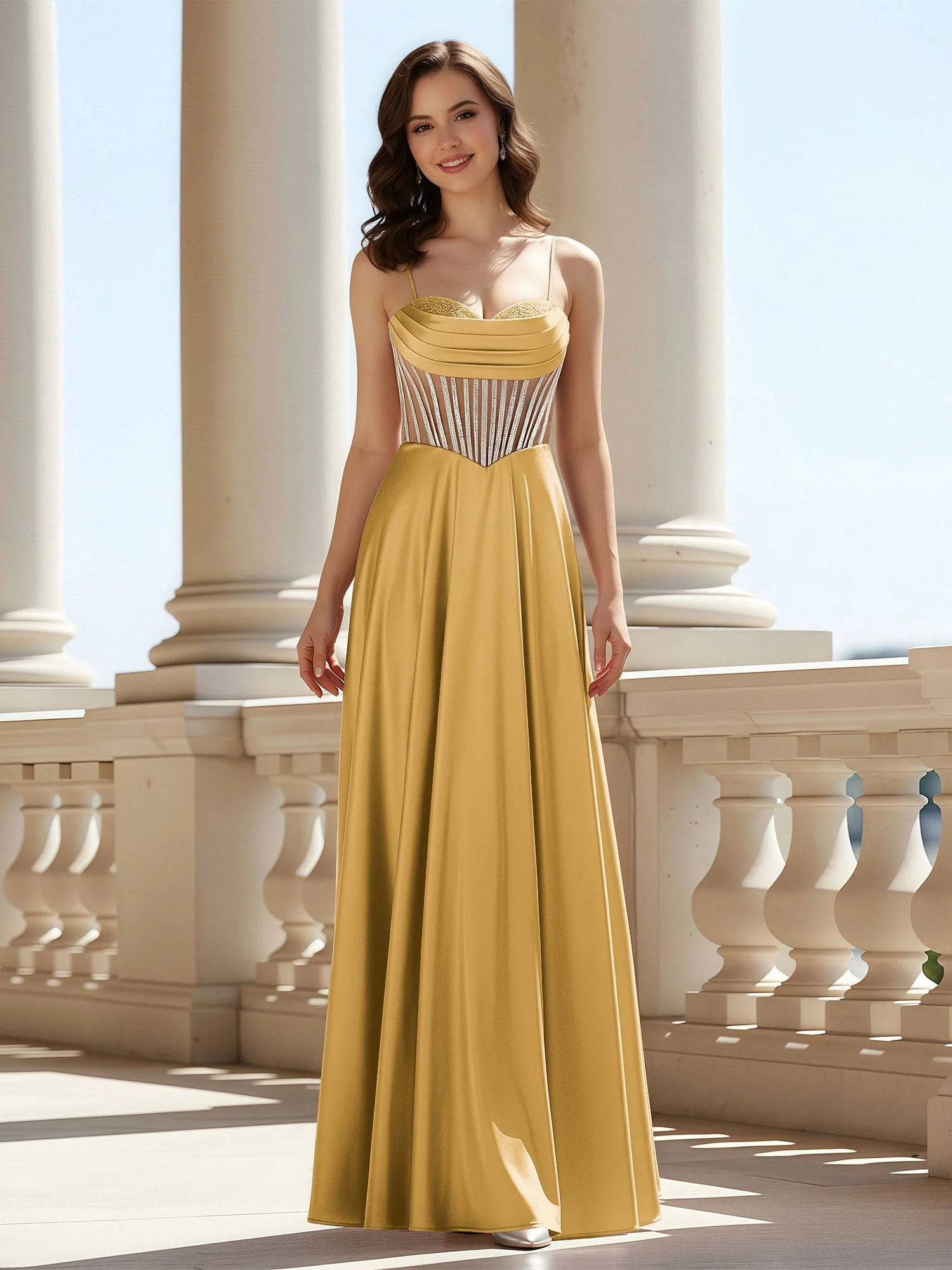 A-Line Sweetheart Floor Length Lace-Up Prom Dress Gold