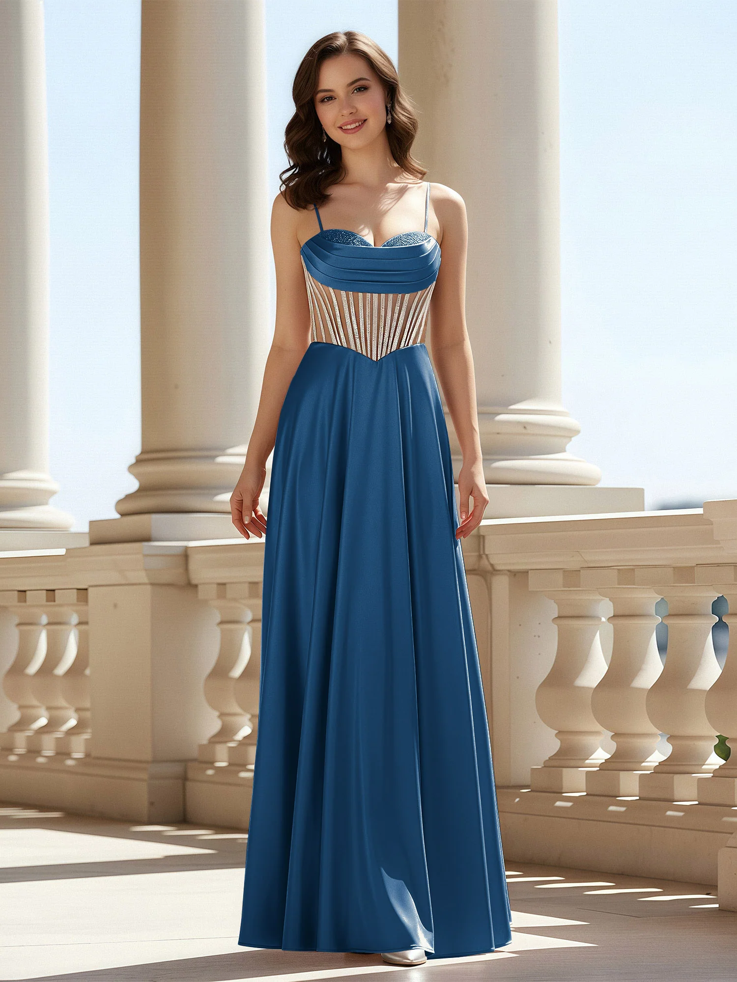 A-Line Sweetheart Floor Length Lace-Up Prom Dress Ink Blue