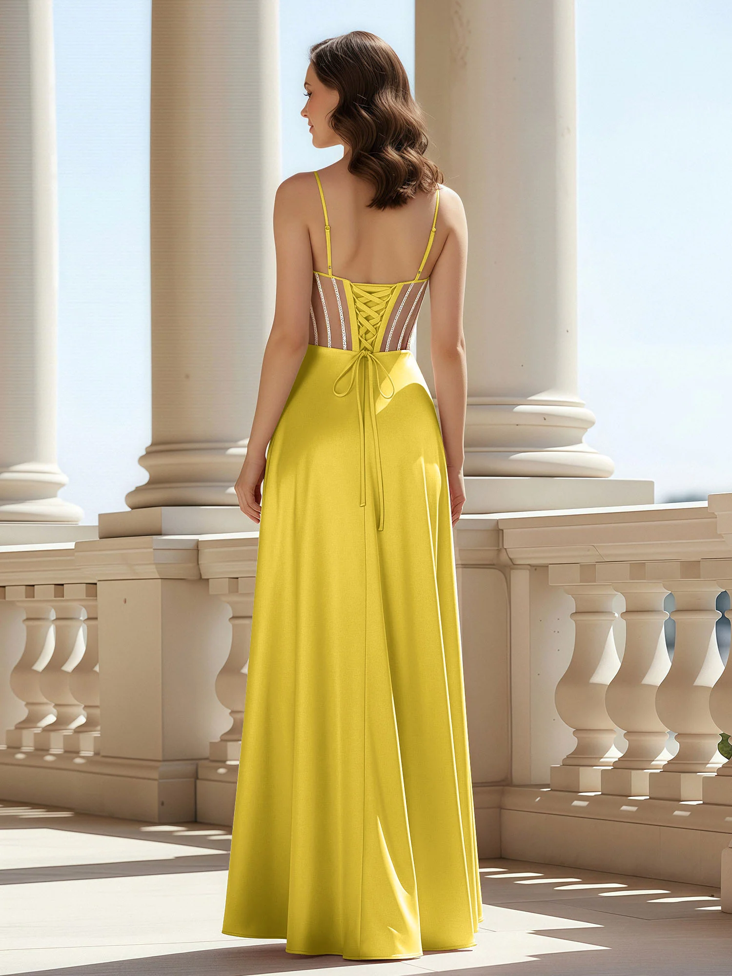 A-Line Sweetheart Floor Length Lace-Up Prom Dress Marigold - Image 2
