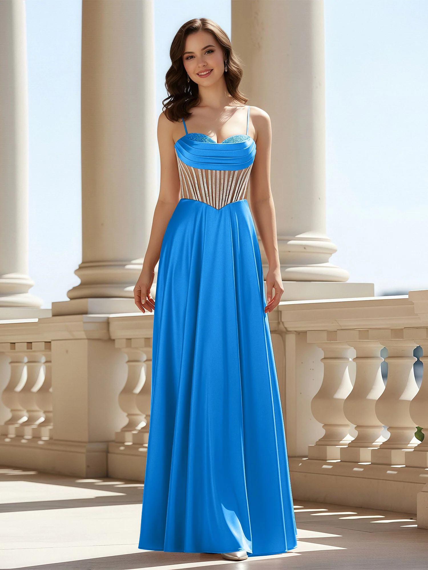 A-Line Sweetheart Floor Length Lace-Up Prom Dress Ocean Blue