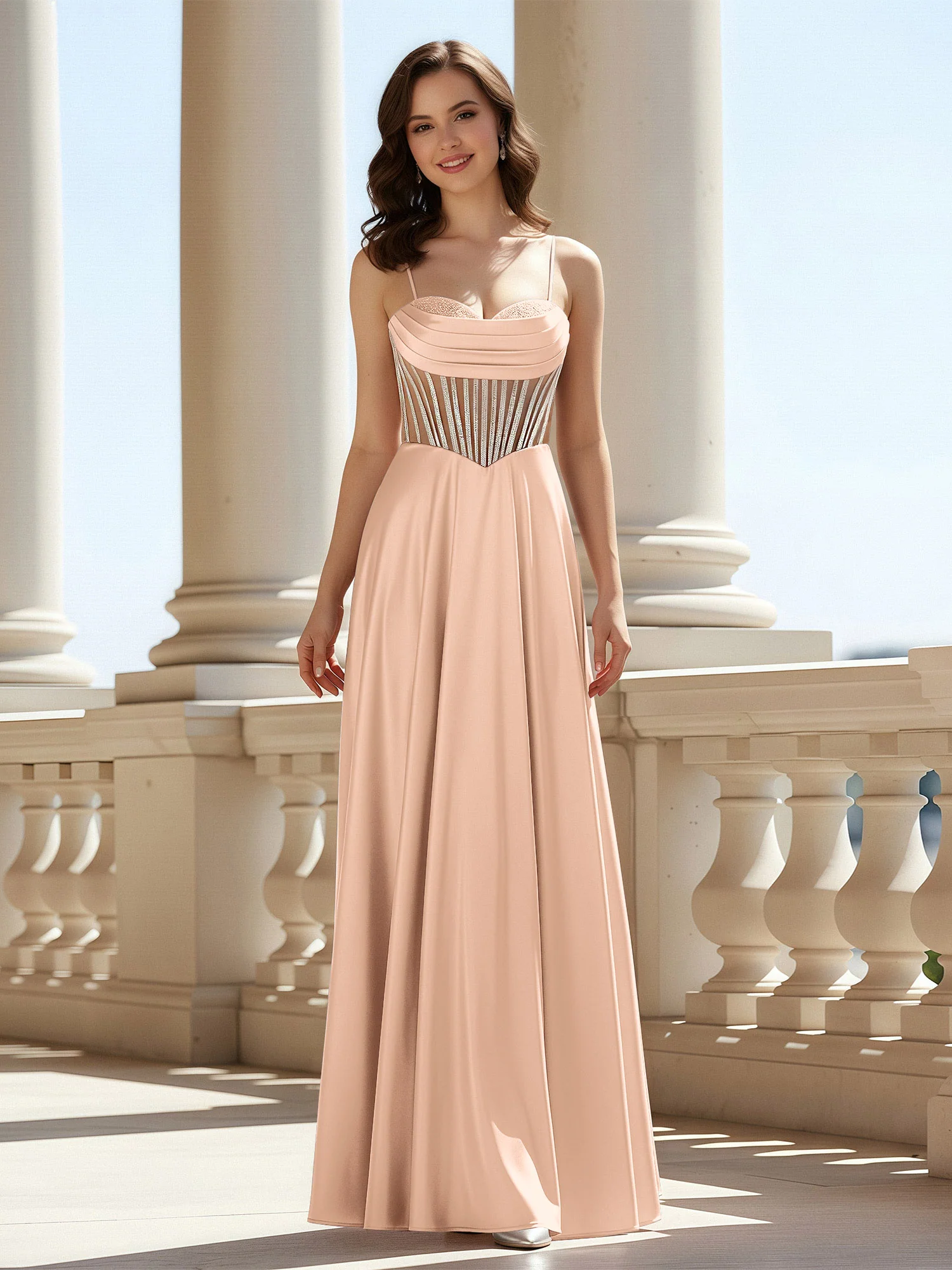 A-Line Sweetheart Floor Length Lace-Up Prom Dress Peach