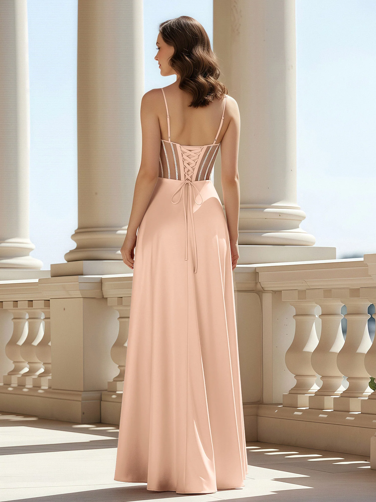 A-Line Sweetheart Floor Length Lace-Up Prom Dress Peach - Image 2