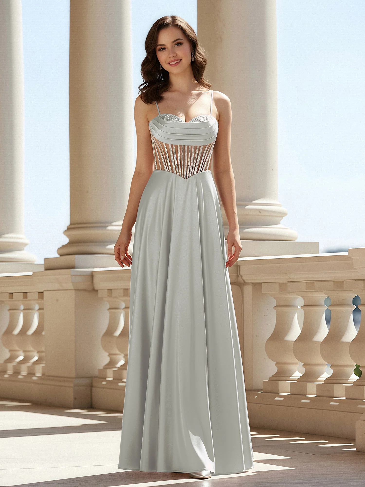 A-Line Sweetheart Floor Length Lace-Up Prom Dress Silver