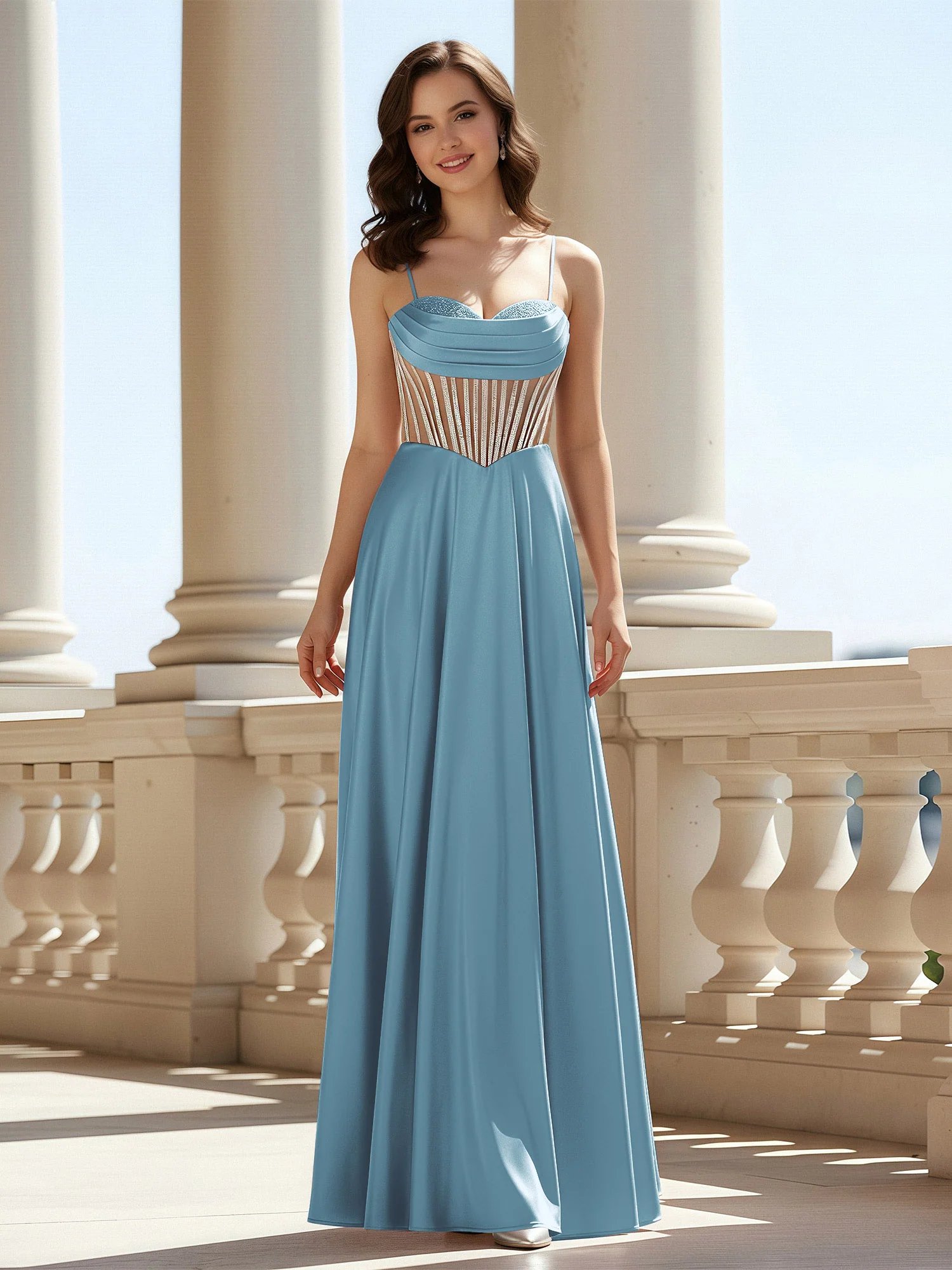 A-Line Sweetheart Floor Length Lace-Up Prom Dress Slate Blue