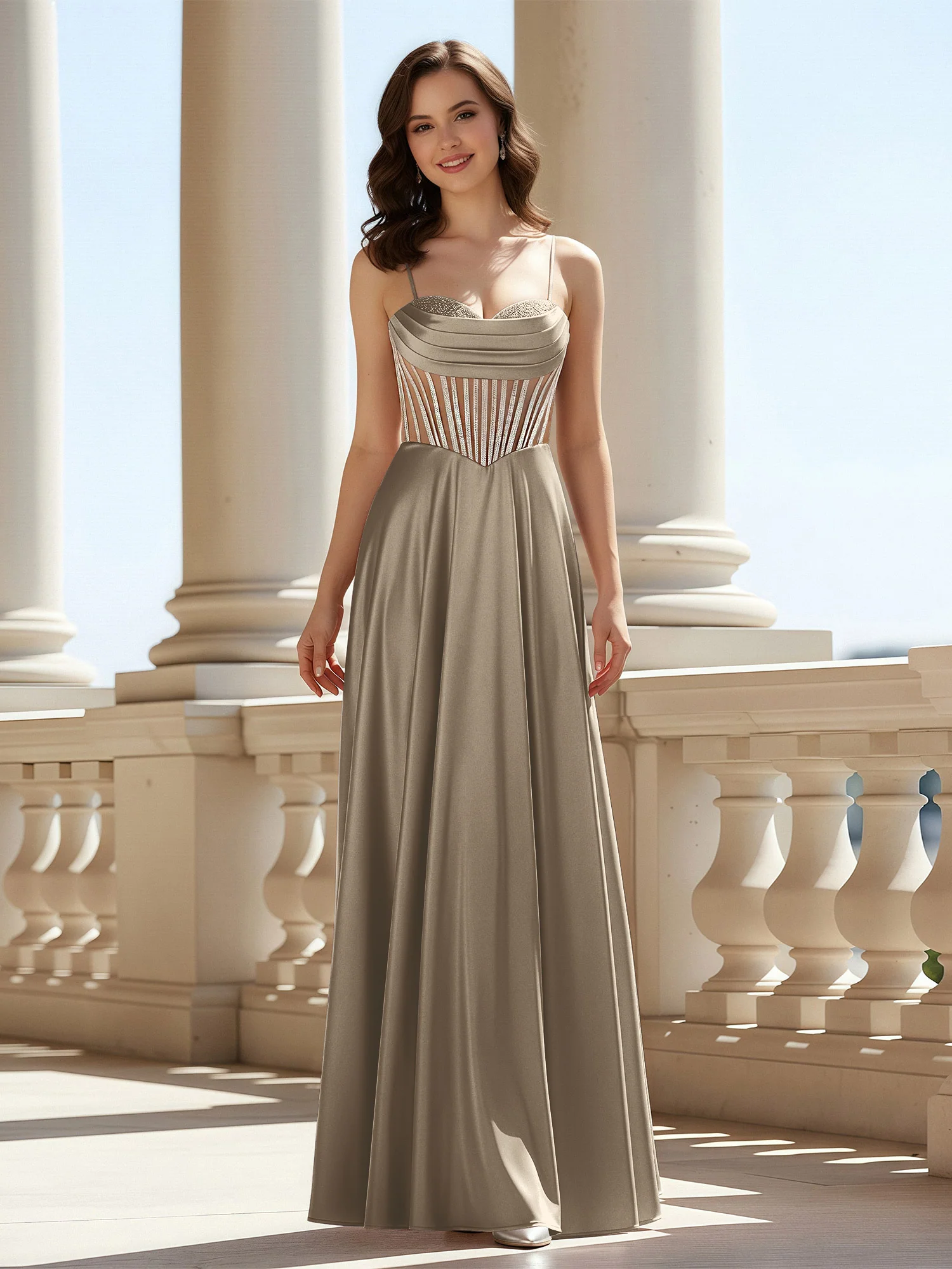 A-Line Sweetheart Floor Length Lace-Up Prom Dress Taupe