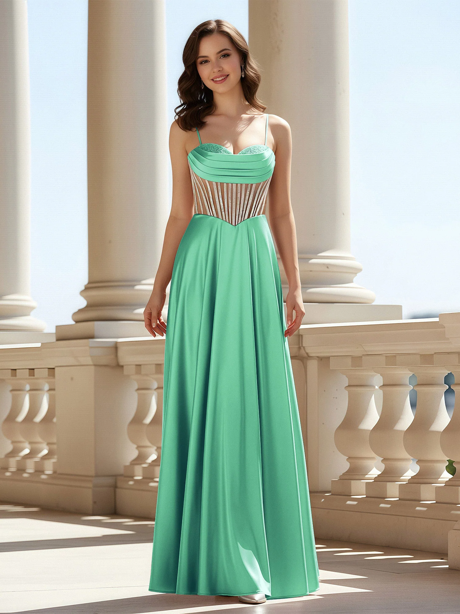 A-Line Sweetheart Floor Length Lace-Up Prom Dress Turquoise