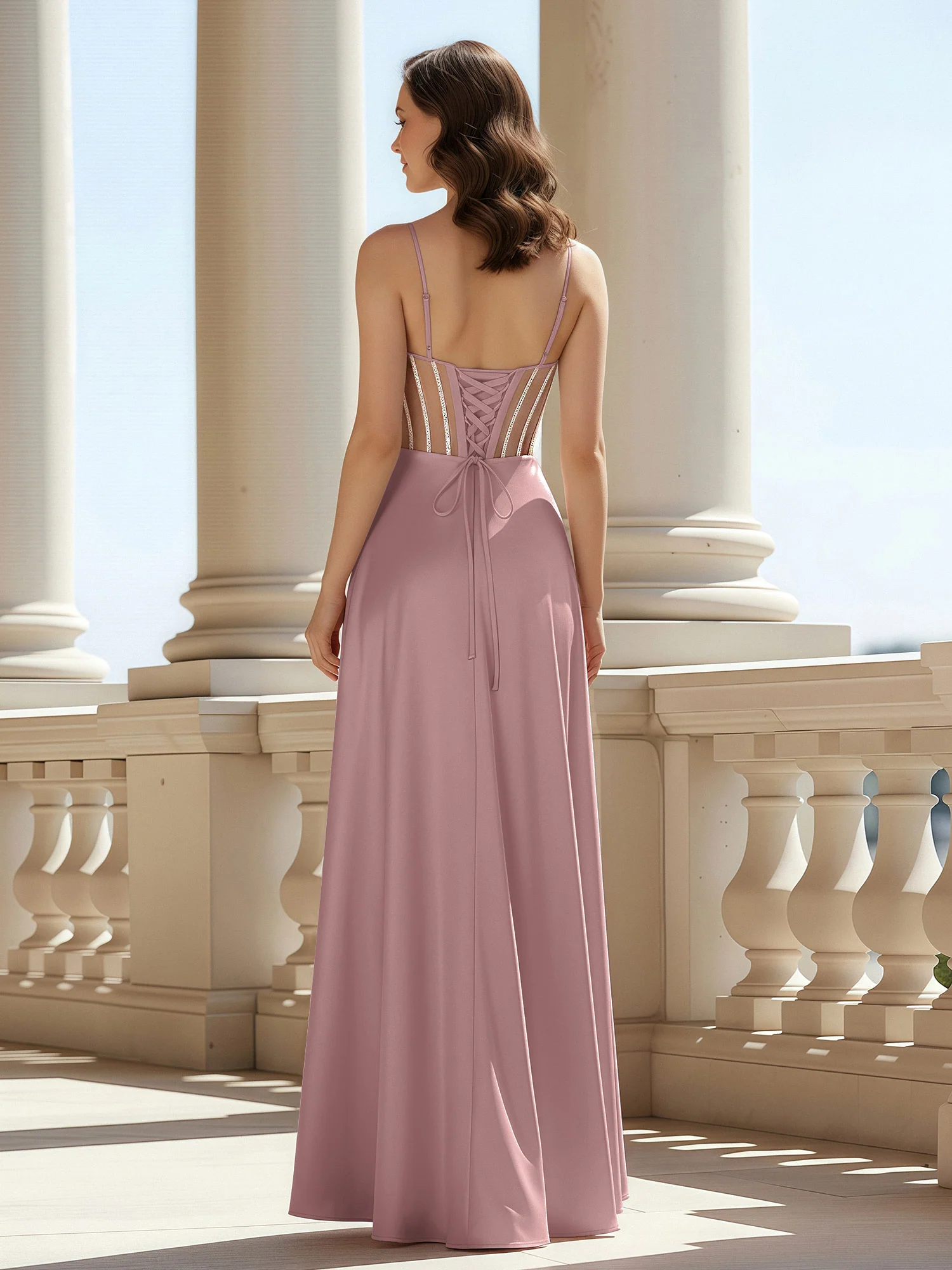 A-Line Sweetheart Floor Length Lace-Up Prom Dress Vintage Mauve - Image 2