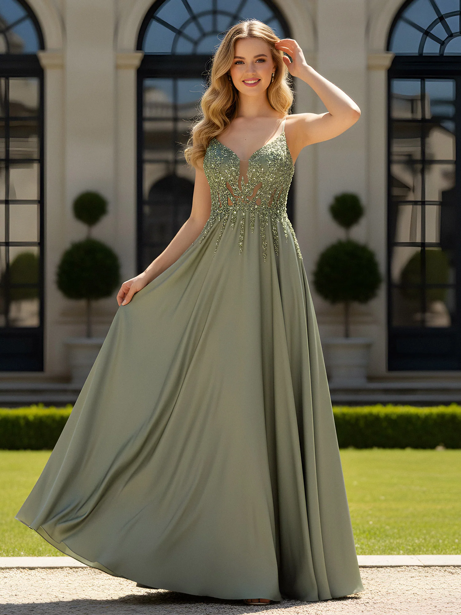 A-Line Floor Length Plunging V-Neck Open Back Dress Olive Green