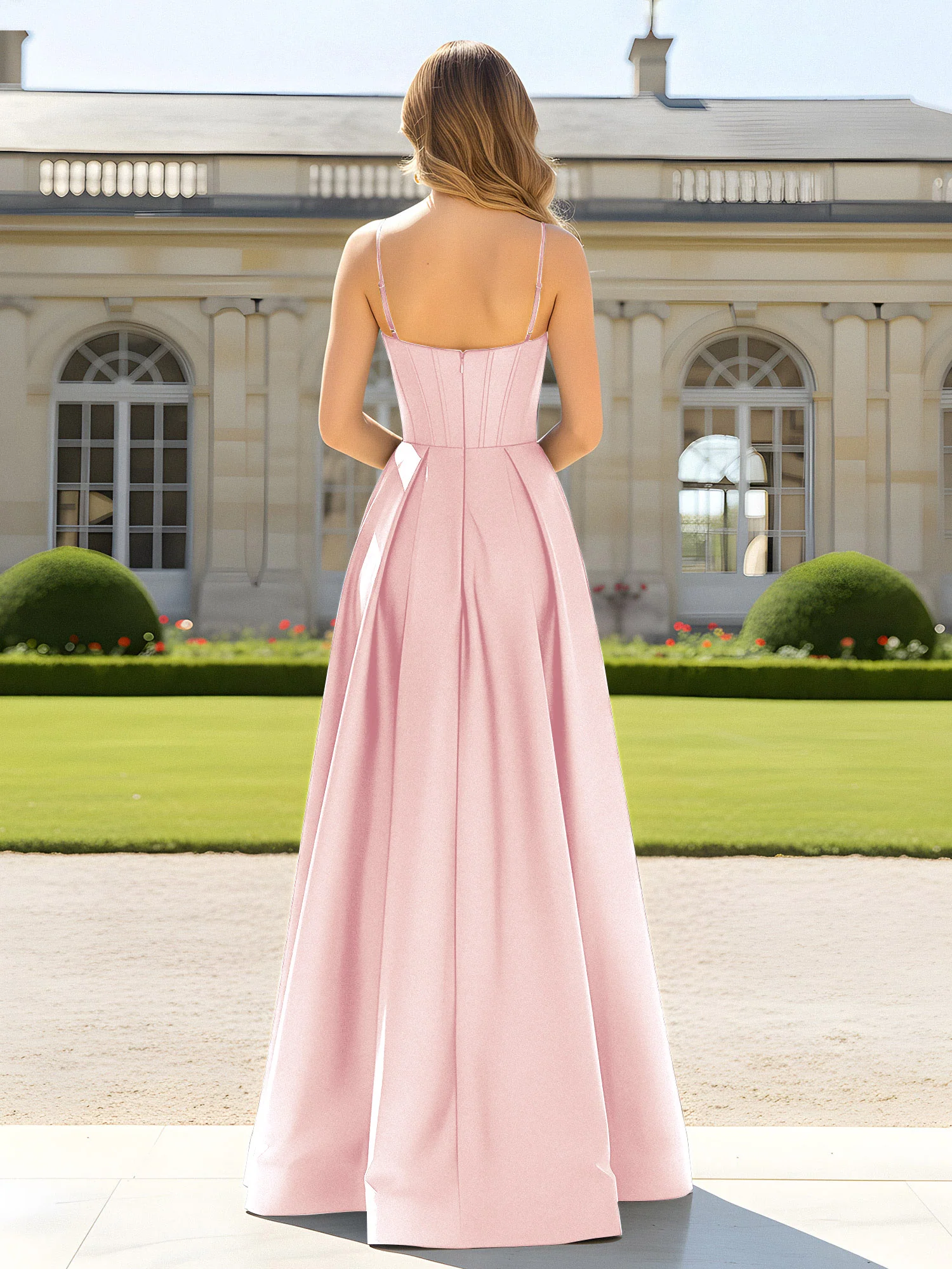 A-Line Spaghetti Straps Cowl Neck Satin Dress Blushing Pink - Image 2