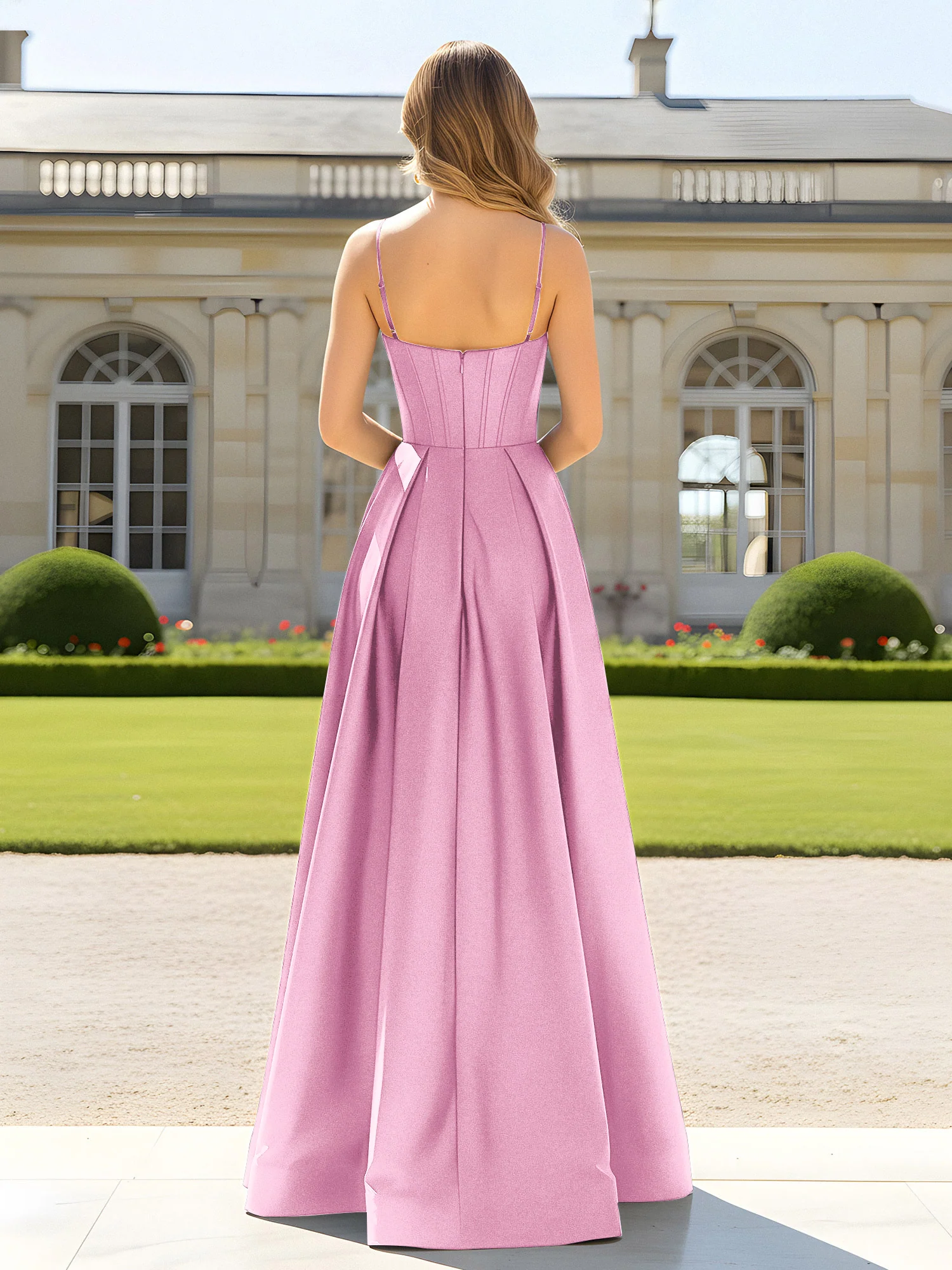 A-Line Spaghetti Straps Cowl Neck Satin Dress Candy Pink - Image 2