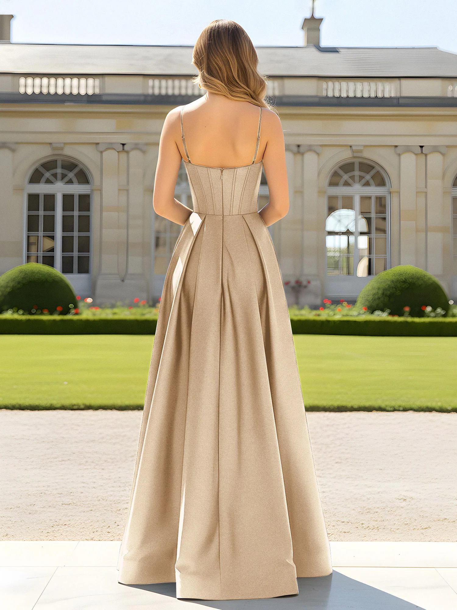 A-Line Spaghetti Straps Cowl Neck Satin Dress Champagne - Image 2