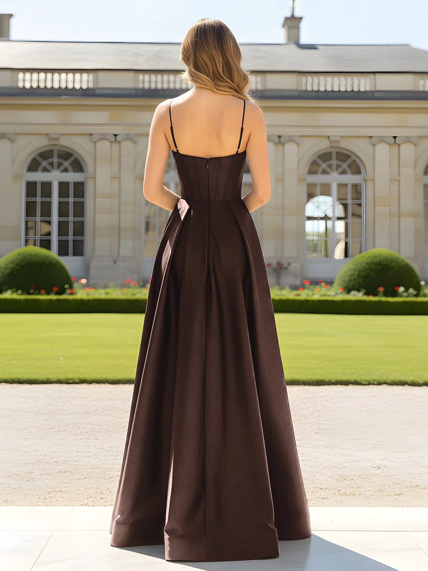 A-Line Spaghetti Straps Cowl Neck Satin Dress Chocolate - Image 2